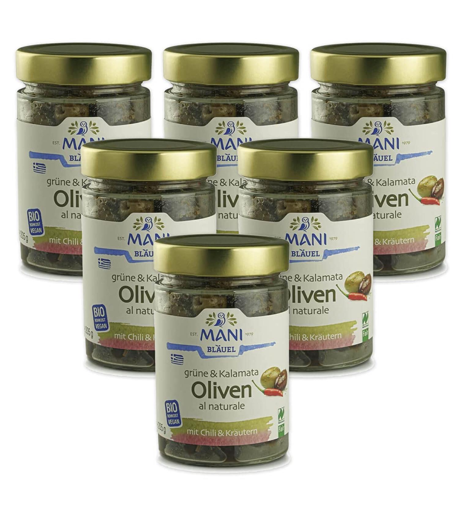 Mani Bl uel Organic Green&Kalamata Olives al naturale Chili&Herbs (6 x 205 gr)