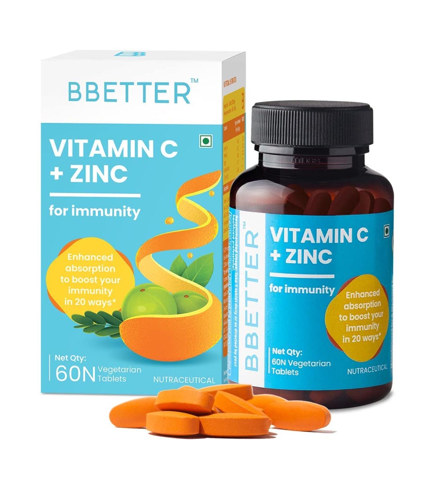 Kavir Vitamin C and Zinc Tablets for Immunity & Skin Health | High Strength Formula with Amla Extract Orange Peel Extract and Alfafa Powder for Immunity - 60 Veg Tablets - Buy Online on GoSupps.com