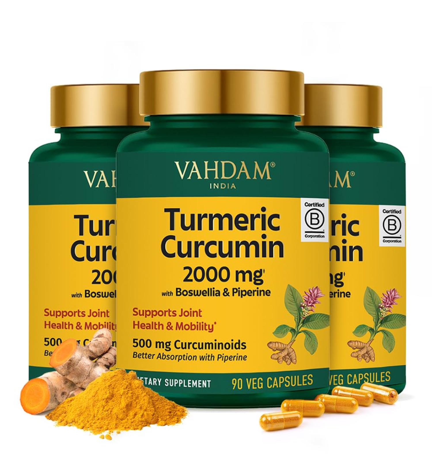 VAHDAM Turmeric Curcumin 2000mg (500mg Curcuminoids) with Boswellia & Piperine for Fast Absorption | Supports Joint Health and Mobility | 90 Capsules (Pack of 3) - Buy Online on GoSupps.com