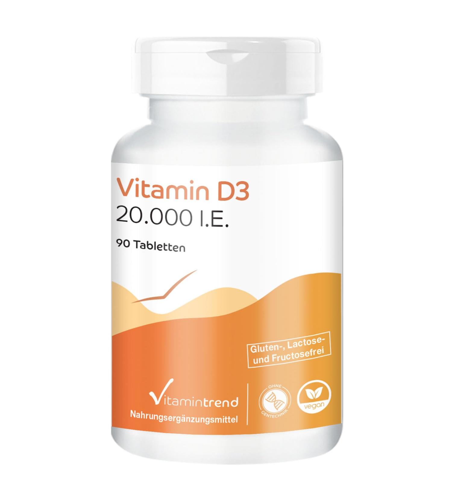 Vitamin D3 20000 IU - High Dose Cholecalciferol Tablets (90 Count) | Only 1 Tablet Every 20 Days | Vitamintrend - International Shipping Available - Buy Online on GoSupps.com