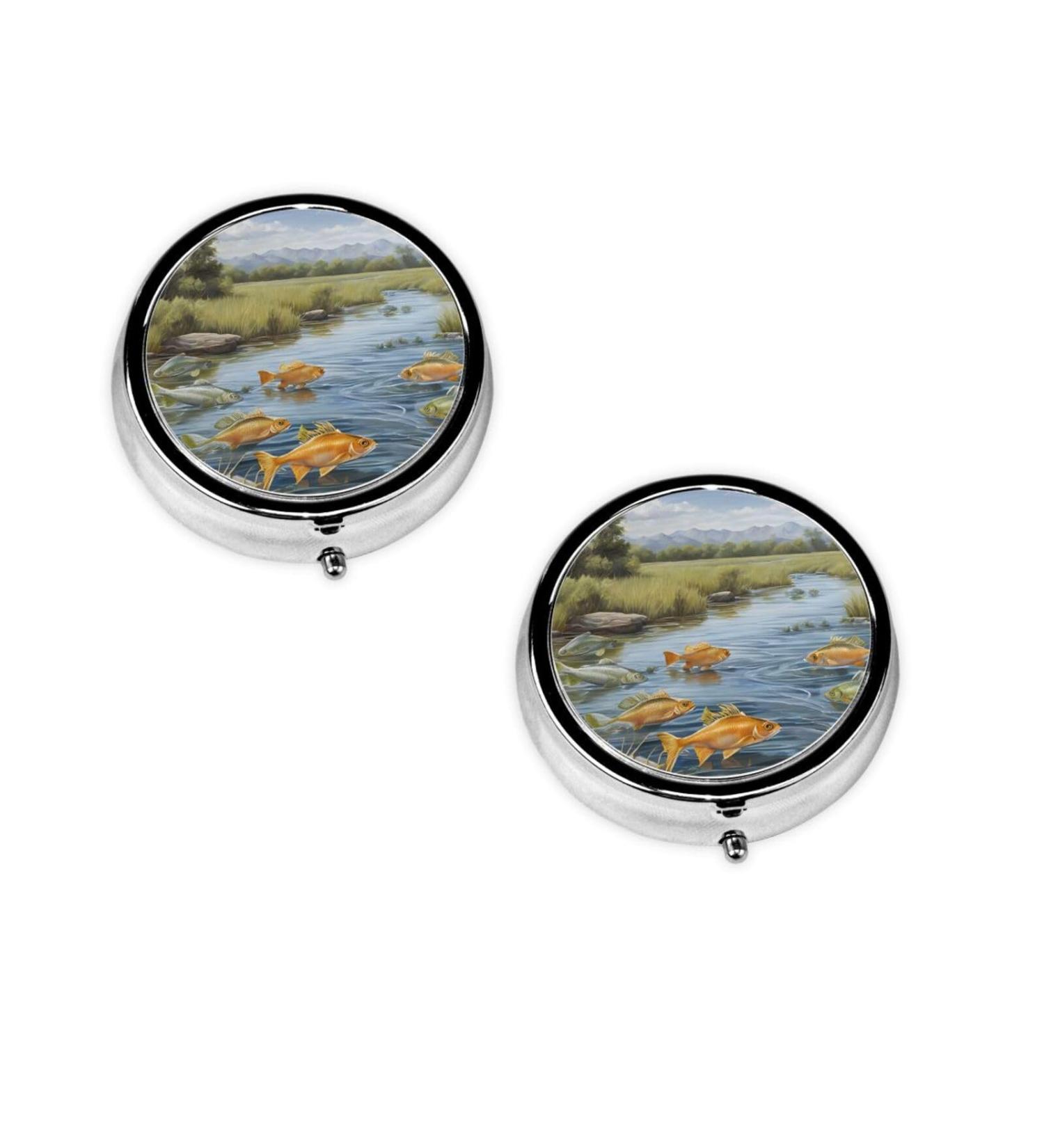 Fishing Lake Fishermen Mini Round Pill Box | 3 Compartment Portable Pill Organizer for Travel Home & Office - Buy Online on GoSupps.com
