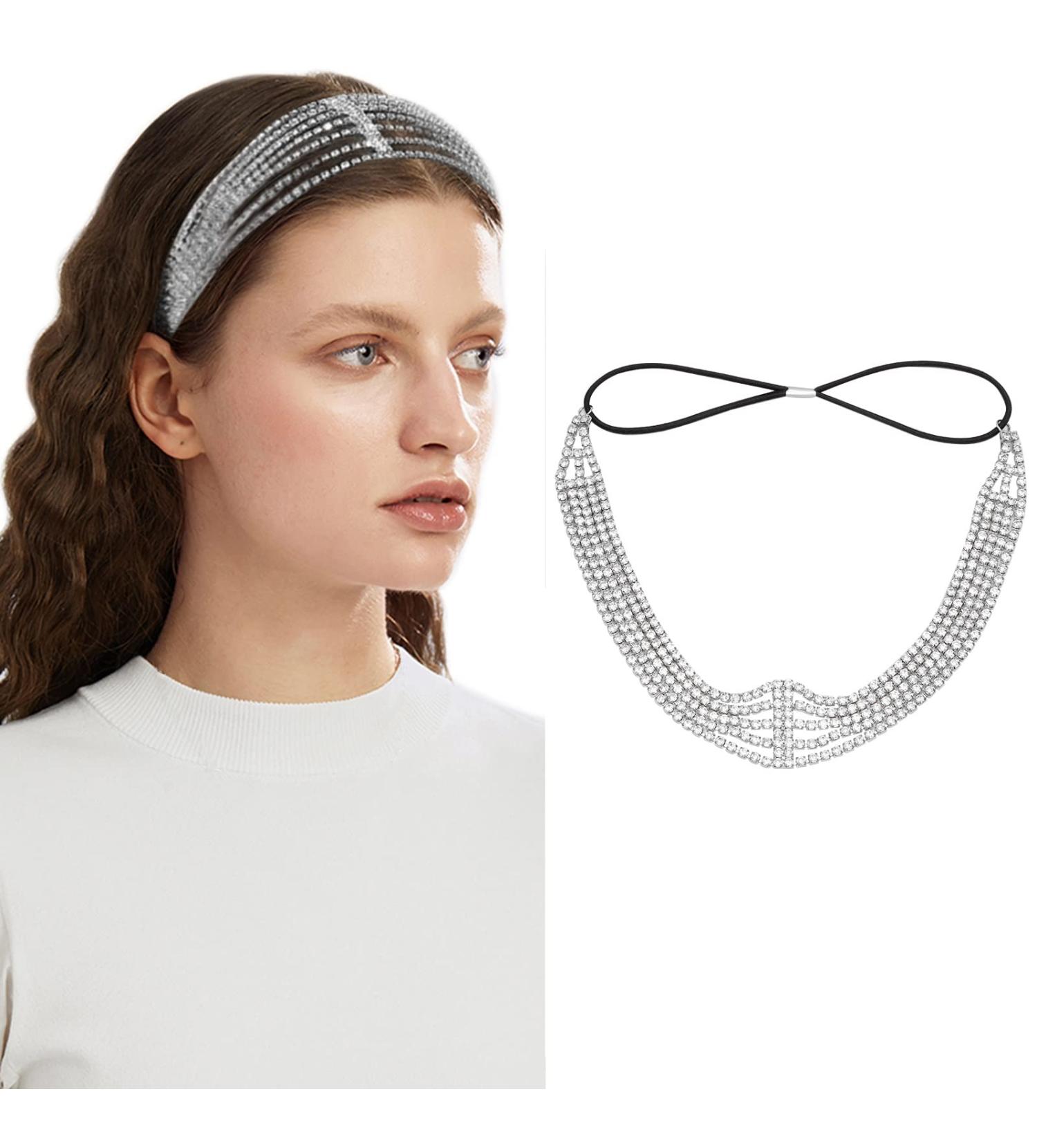 Silver Rhinestone Multi Layered Forehead Headband for Women and Girls - Bridal Elastic Crystal Head Chain | FRDTLUTHW - Buy Online on GoSupps.com