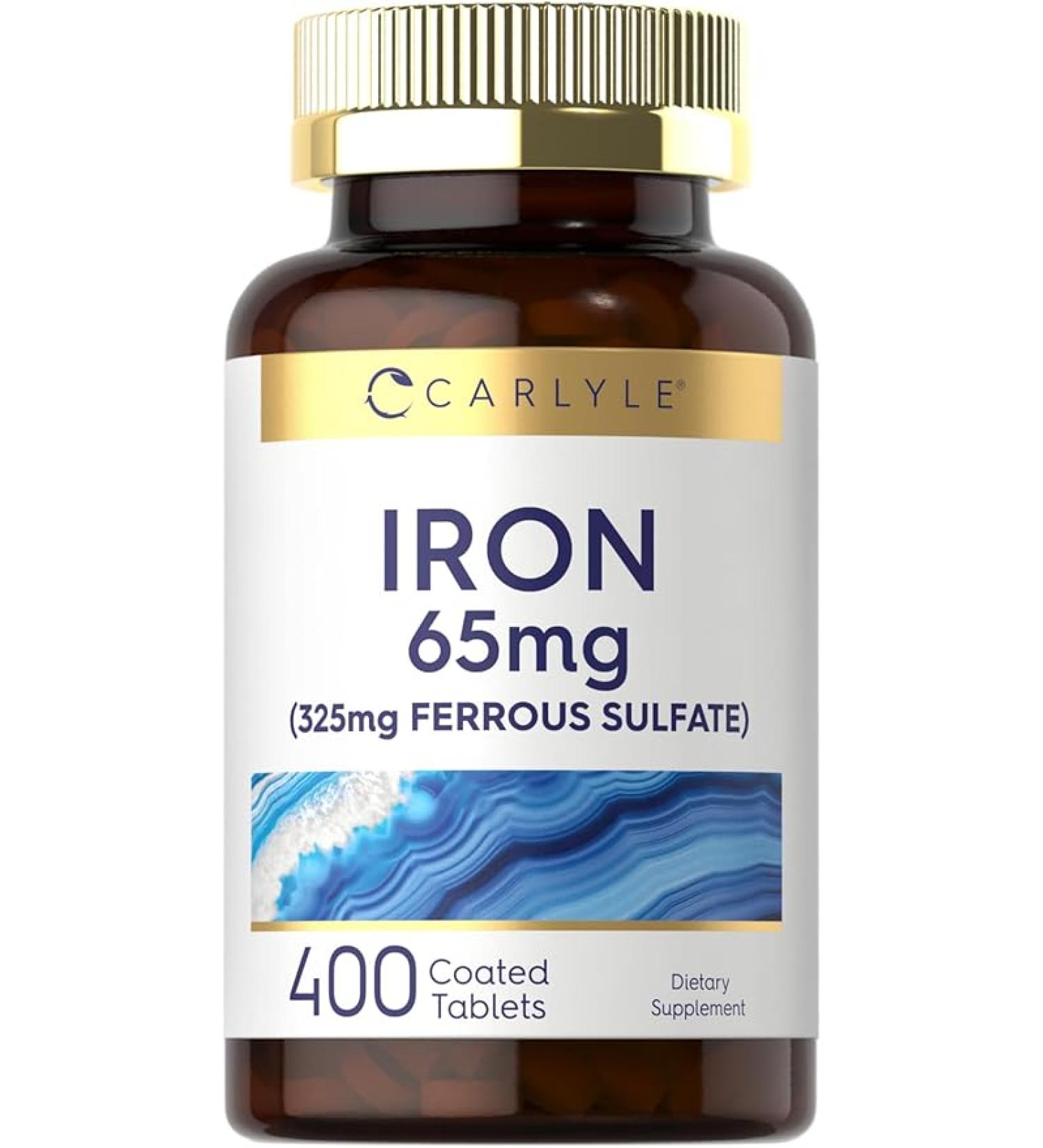 Iron Ferrous Sulfate 65 mg 400 Tablets Non-GMO Gluten Free Vegetarian Supplement by Carlyle - Buy Online on GoSupps.com