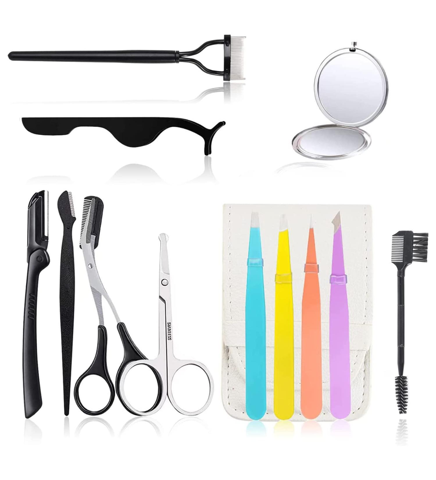 Professional 12-in-1 Eyebrow Kit for Shaping, Trimming & Grooming - Includes Tweezers, Razor, Scissors, Brush, Curler, Comb & Mirror - Buy Online on GoSupps.com