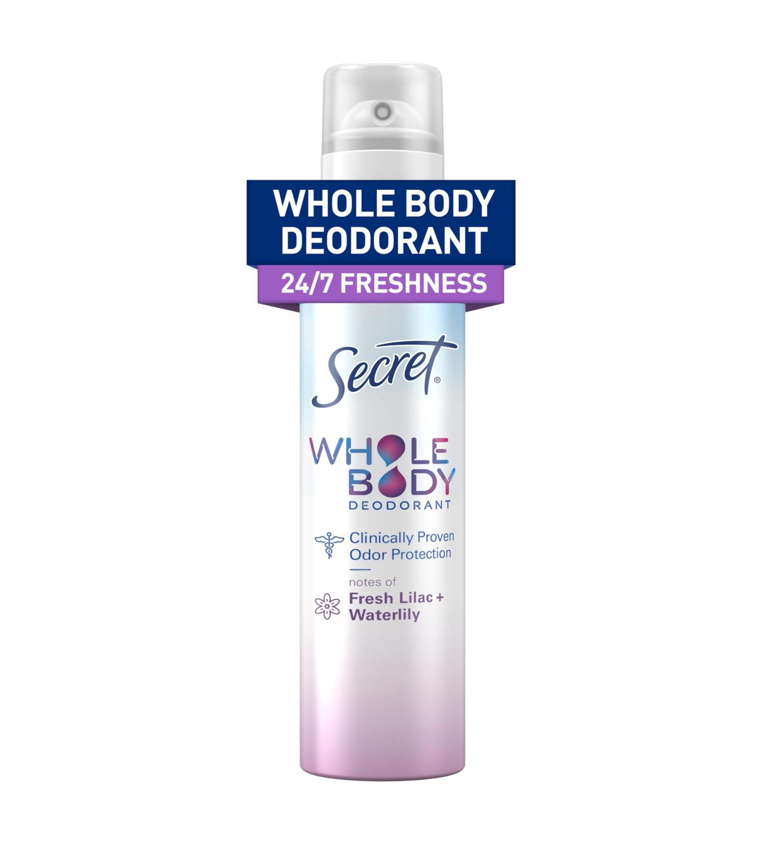 Secret Whole Body Deodorant Spray for Women Lilac & Waterlily Scent Aluminum Free Deodorant Spray 72 HR Odor Protection 3.5 oz - Buy Online on GoSupps.com