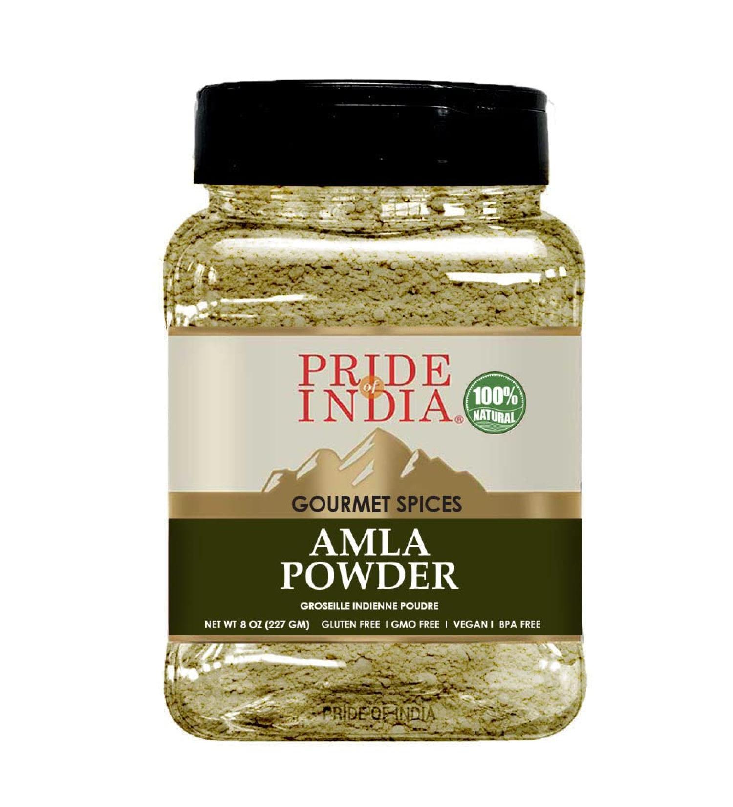 Pride of India Amla Powder 8 oz. Medium Dual Sifter Jar - Antioxidant Rich Gourmet Spice, Tangy & Savory - Pure Indian Gooseberry Ground, GMO/Gluten Free - Buy Online on GoSupps.com