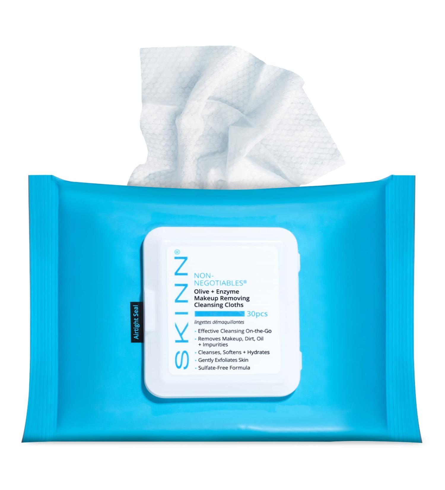 SKINN Facial Cleansing Makeup Remover Wipes | Hydrating Disposable Cloths for Waterproof Mascara Makeup & Dirt | Gentle Exfoliating Towelettes for Soft Skin - Buy Online on GoSupps.com