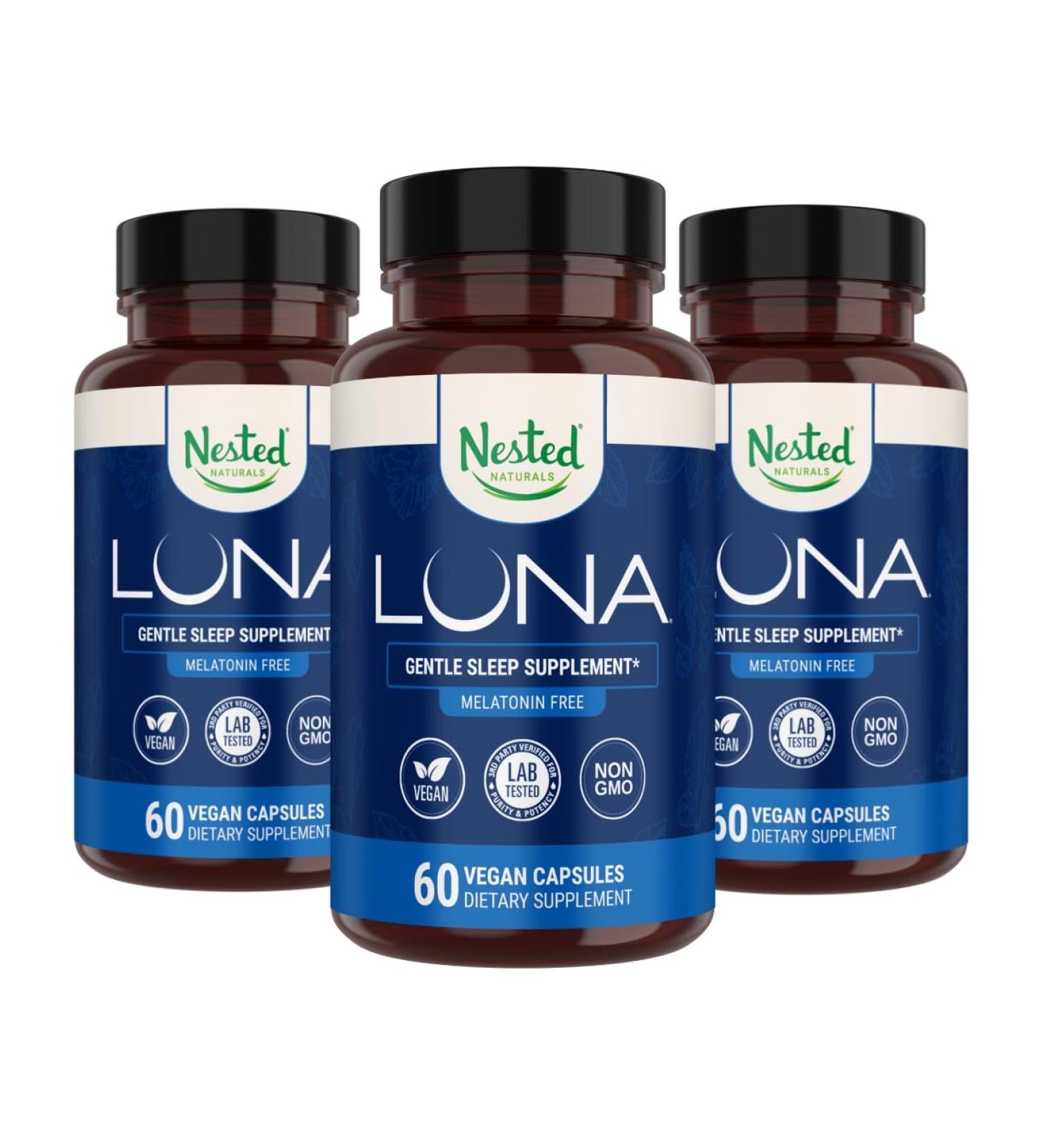 Nested Naturals Luna Melatonin Free Non-Habit Forming Herbal Sleep Supplement w/Chamomile Valerian L-Theanine 180 Vegan Capsules (60 Capsules Per Bottle) - Buy Online on GoSupps.com