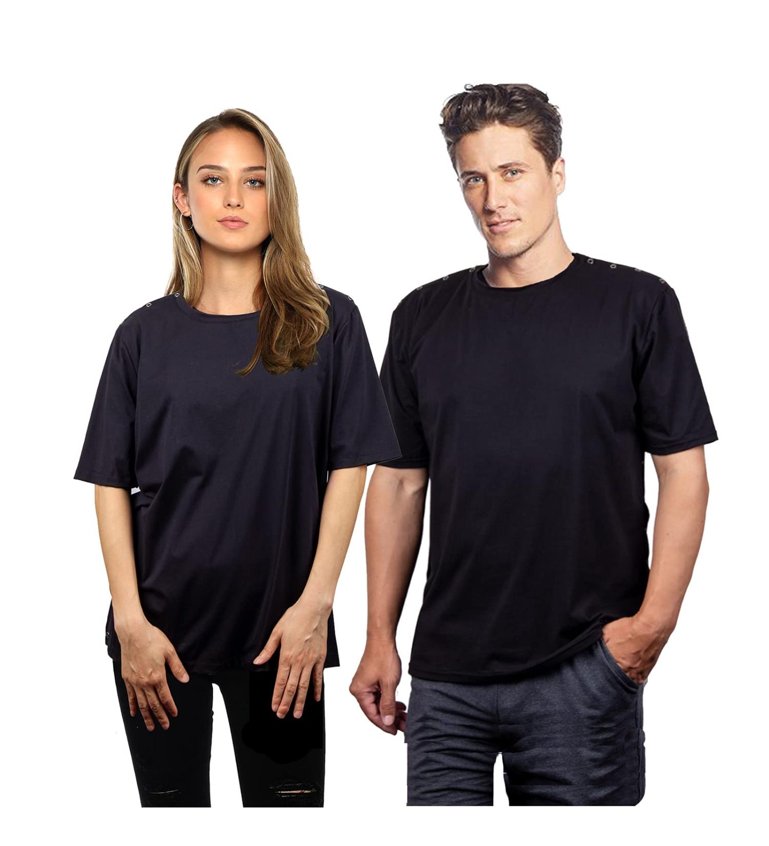 Unisex Shoulder Surgery Rehab Shirt with Discreet Snaps Chemo Clothing Short Sleeve Men Women Black X Large