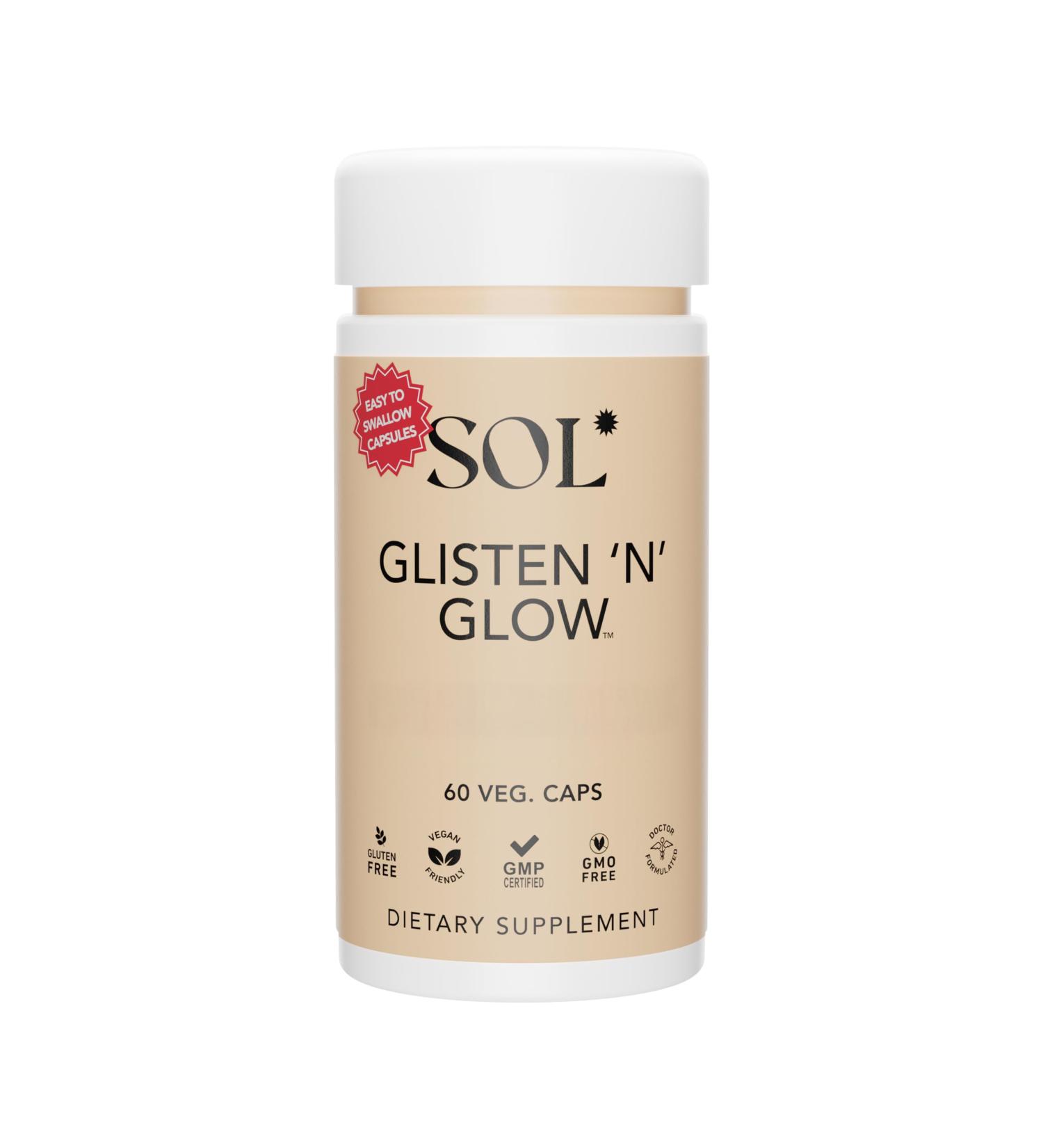 Sol Nutrition Glisten N Glow Supplement: Skin Vitamins for Women Biotin, Collagen & Skin-Loving Vitamins A, B, C, E for Clear Complexion & Youthful Glow, 60 Easy to Swallow Capsules - Buy Online on GoSupps.com