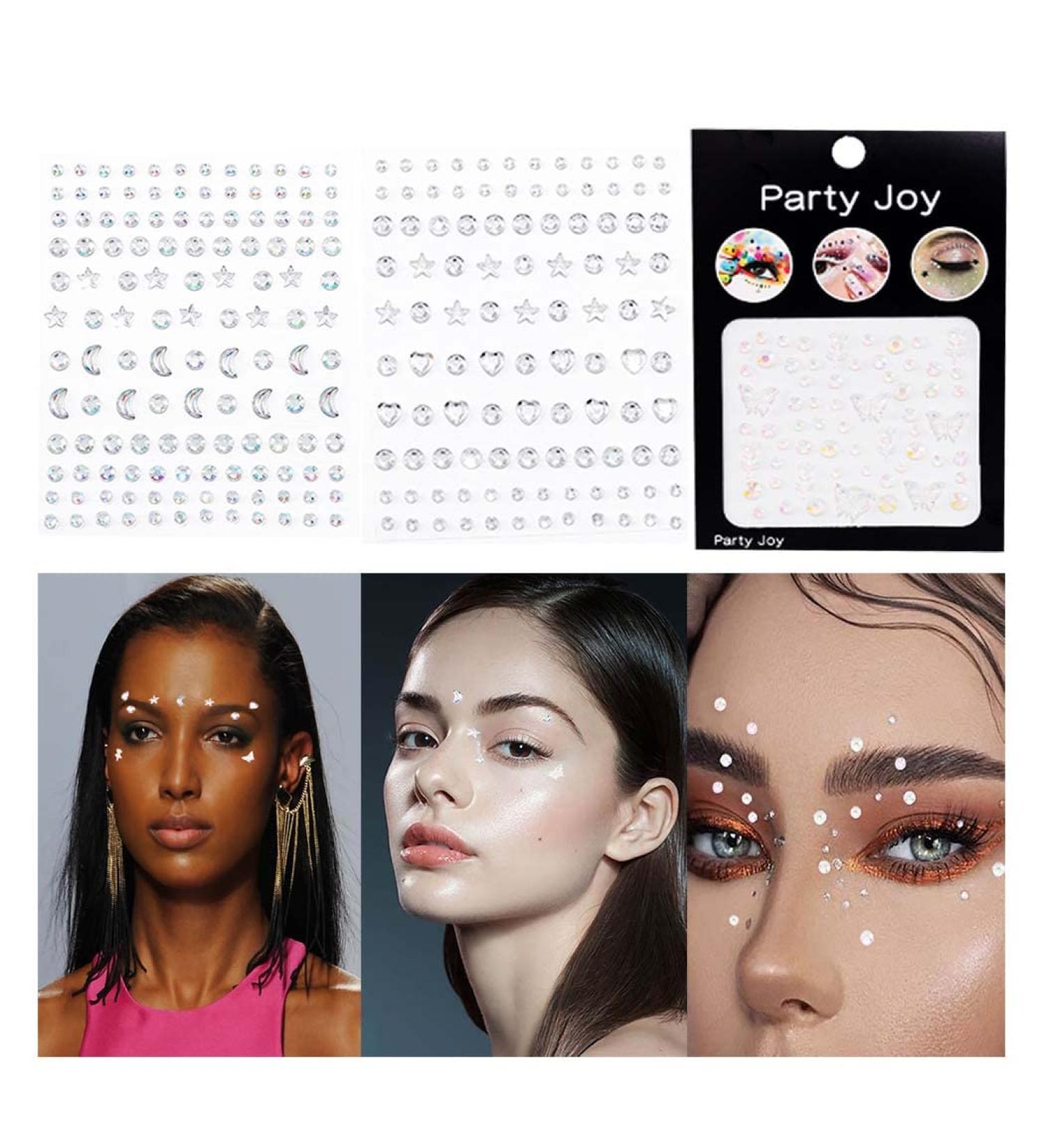 Wosois Crystal Face Rhinestones Stickers - White Star Gems Butterfly Self-adhesive Tattoo Sticker for Women and Girls (3Pcs) - Buy Online on GoSupps.com