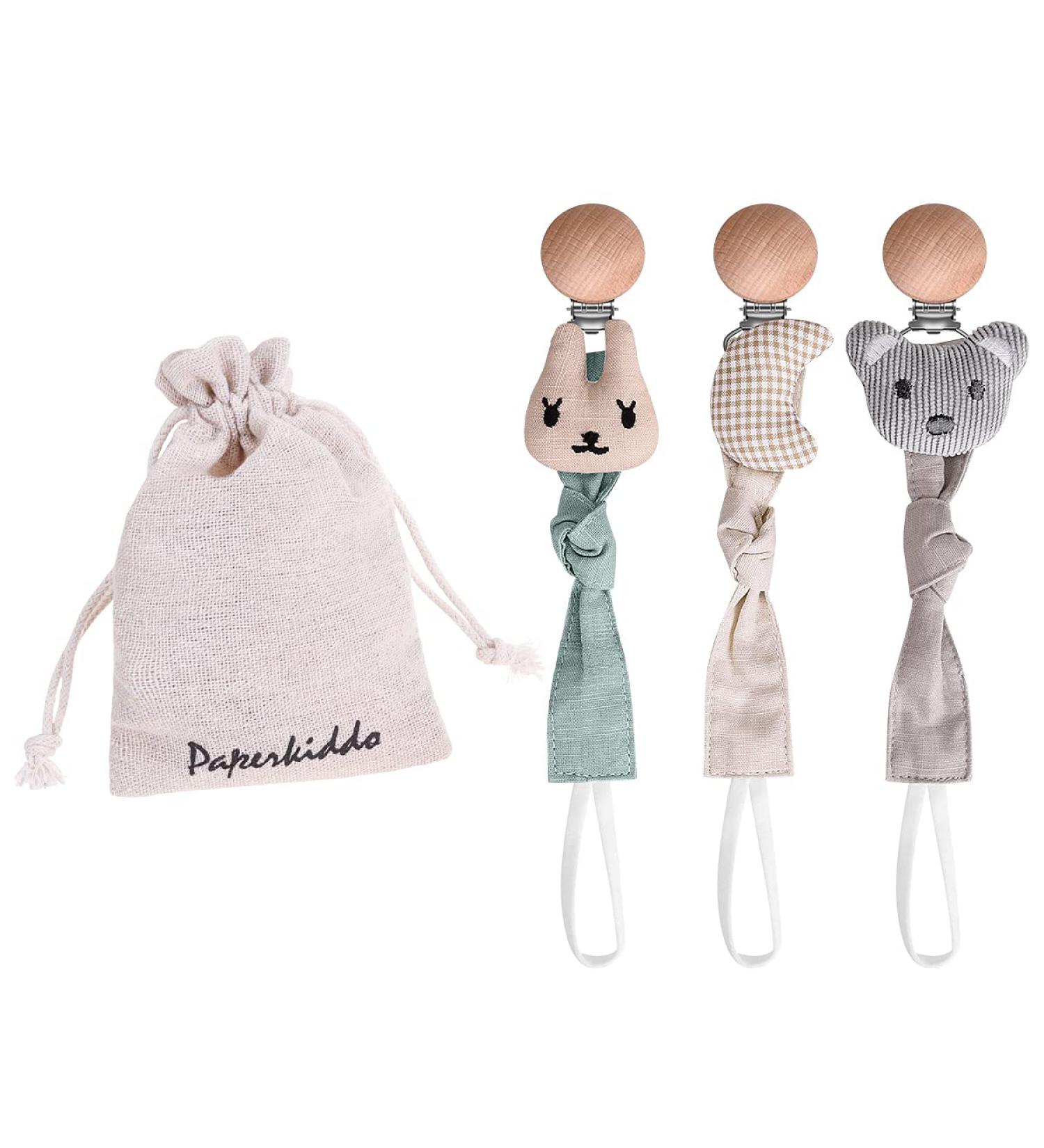 Paperkiddo 3PC Pacifier Chain Set - Nickel-Free Clips 22cm Bauhmwoll Musselin Triangular Bib Sucker for Boys & Girls (Bear Rabbit Moon) - Buy Online on GoSupps.com