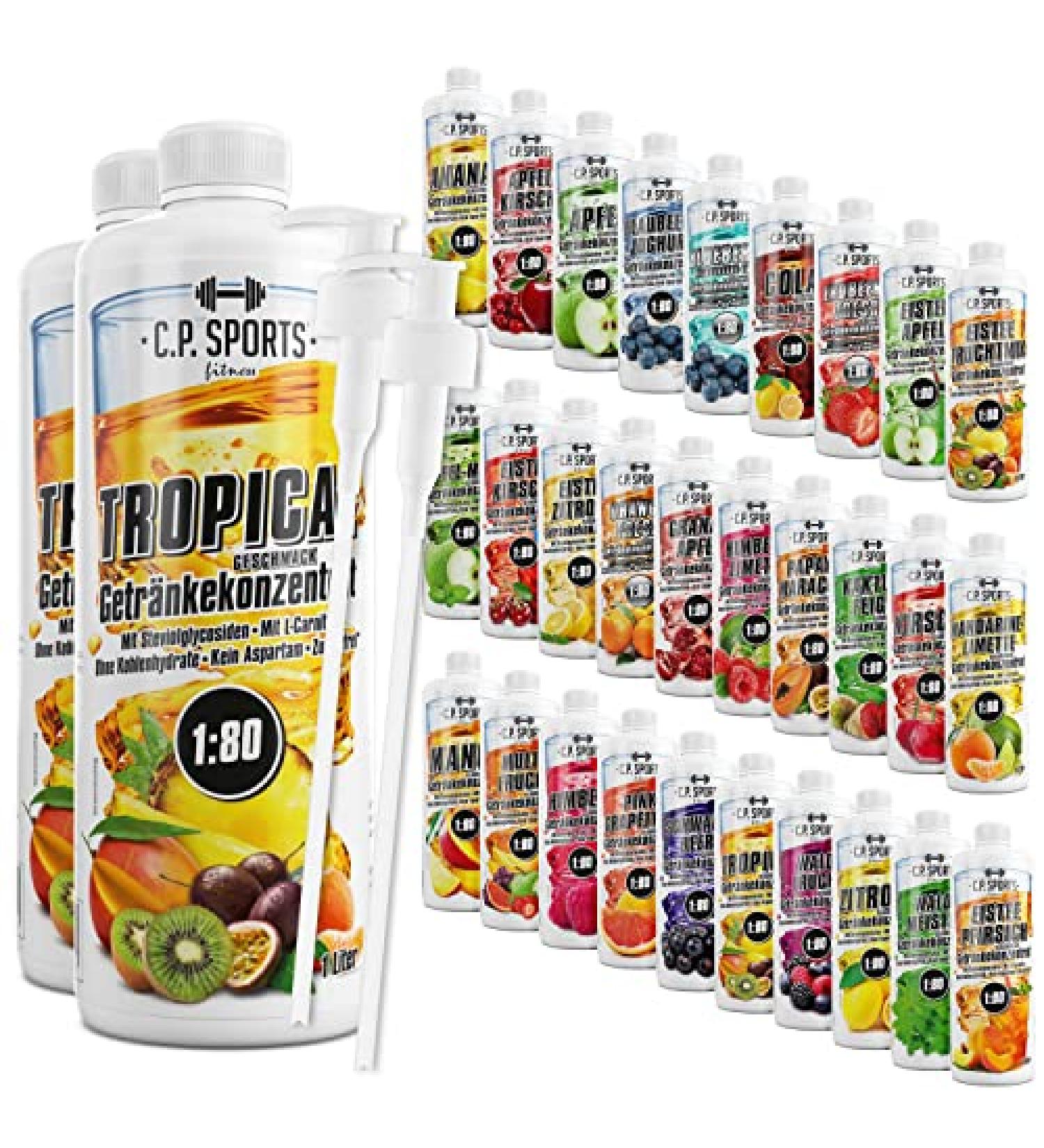 C.P. Sports Sugar-Free Beverage Syrup - Tropical Vitamin Drink Concentrate (2L + 2 Pump Dispensers) - Ideal for Sports & Hydration - International Shipping Available - Buy Online on GoSupps.com
