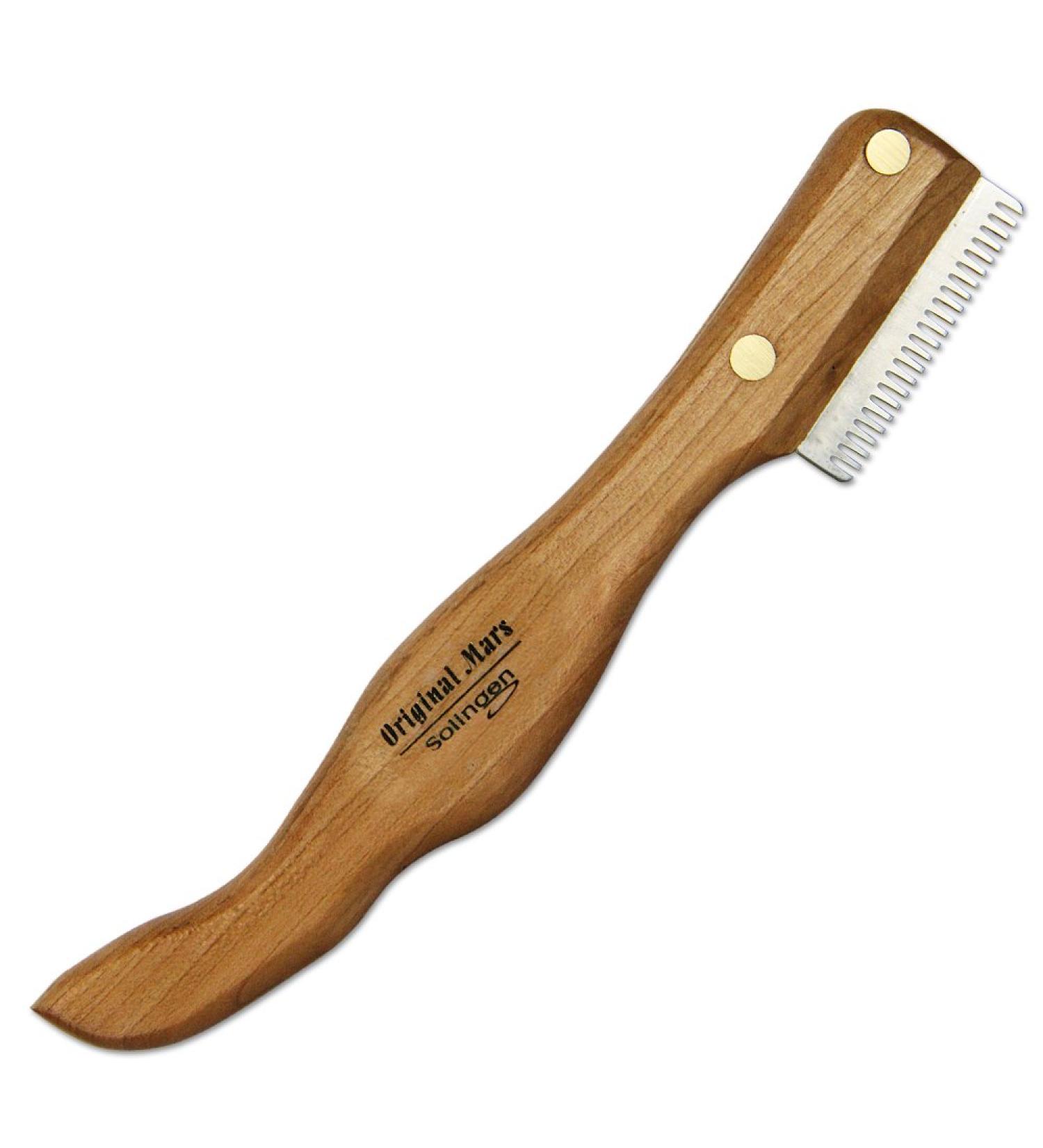 Schecker ergonomic underwool top hair trim knife made of hardened and sanded stainless steel with ergonomically shaped handle made of native cherry tree medium tooth