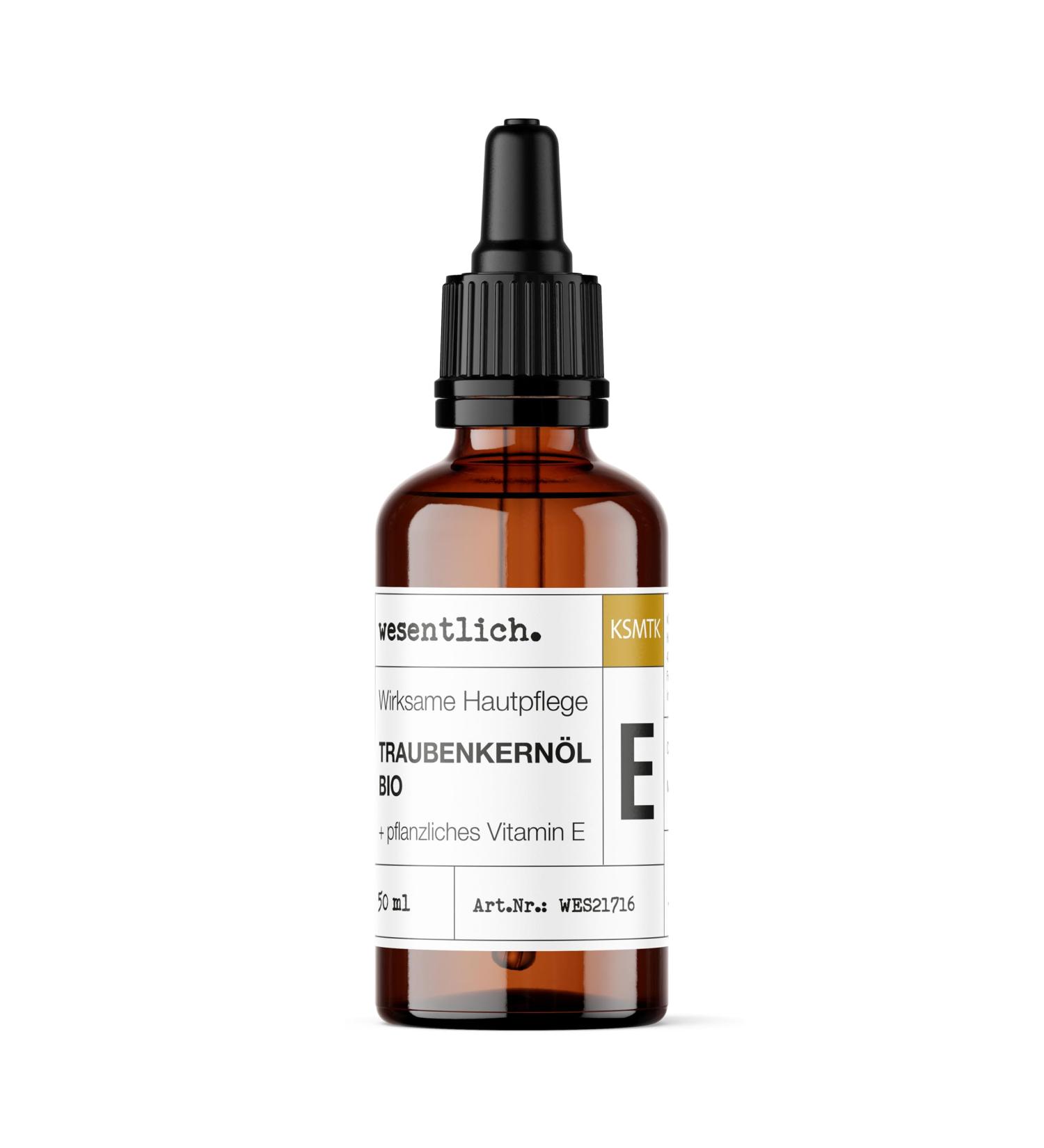 essential wesentlich Grape seed oil organic with extra vitamin E naturally pure and coldpressed cosmetics for face skin and antiaging glass bottle with pipette 50 ml - Buy Online on GoSupps.com