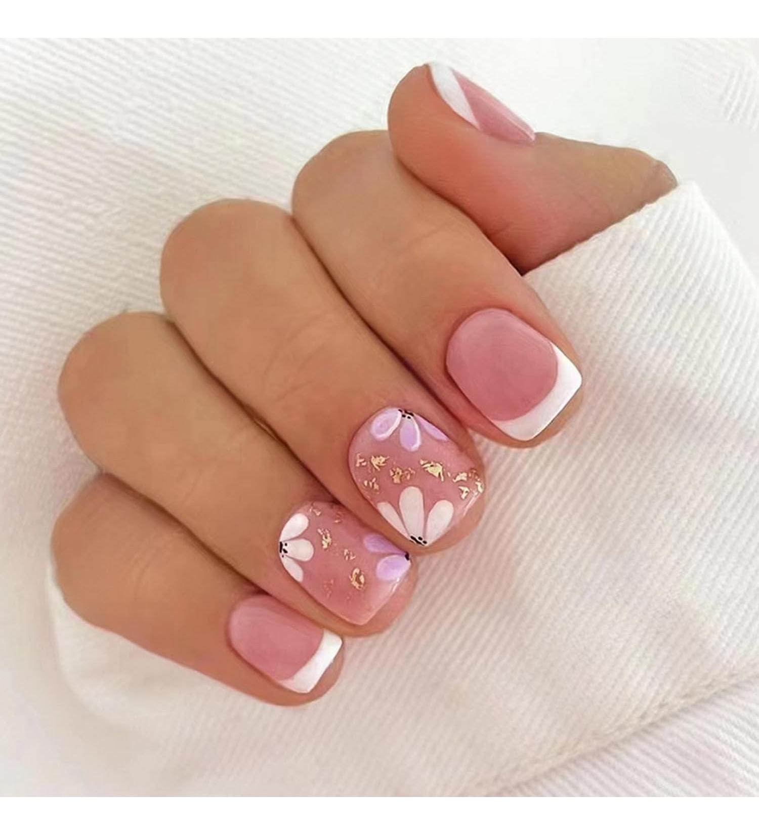 Buy French Tip Press-On Nails - Short Matte Square Acrylic Nails with Flower Designs Reusable Glue-On Nails for Women & Girls - Buy Online on GoSupps.com