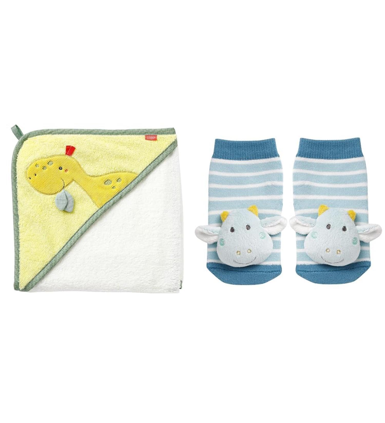 Fehn Badecake Baby Dino - Terry Baby Poncho & Rattle Socks Set for Kids | Cute Baby Dragon Bath Towel & Fun Socks Bundle - Buy Online on GoSupps.com