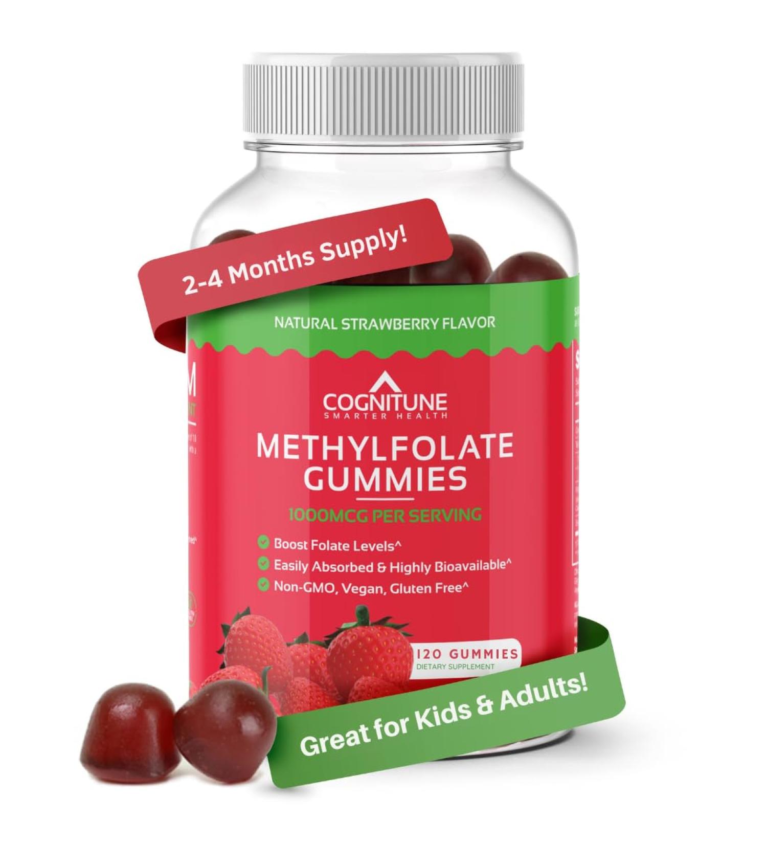CogniTune L-Methylfolate Gummies 1000mcg - Bioavailable 5-MTHF Folate Supplement for Brain Health - MTHFR Support with Delicious Strawberry Flavor - Buy Online on GoSupps.com