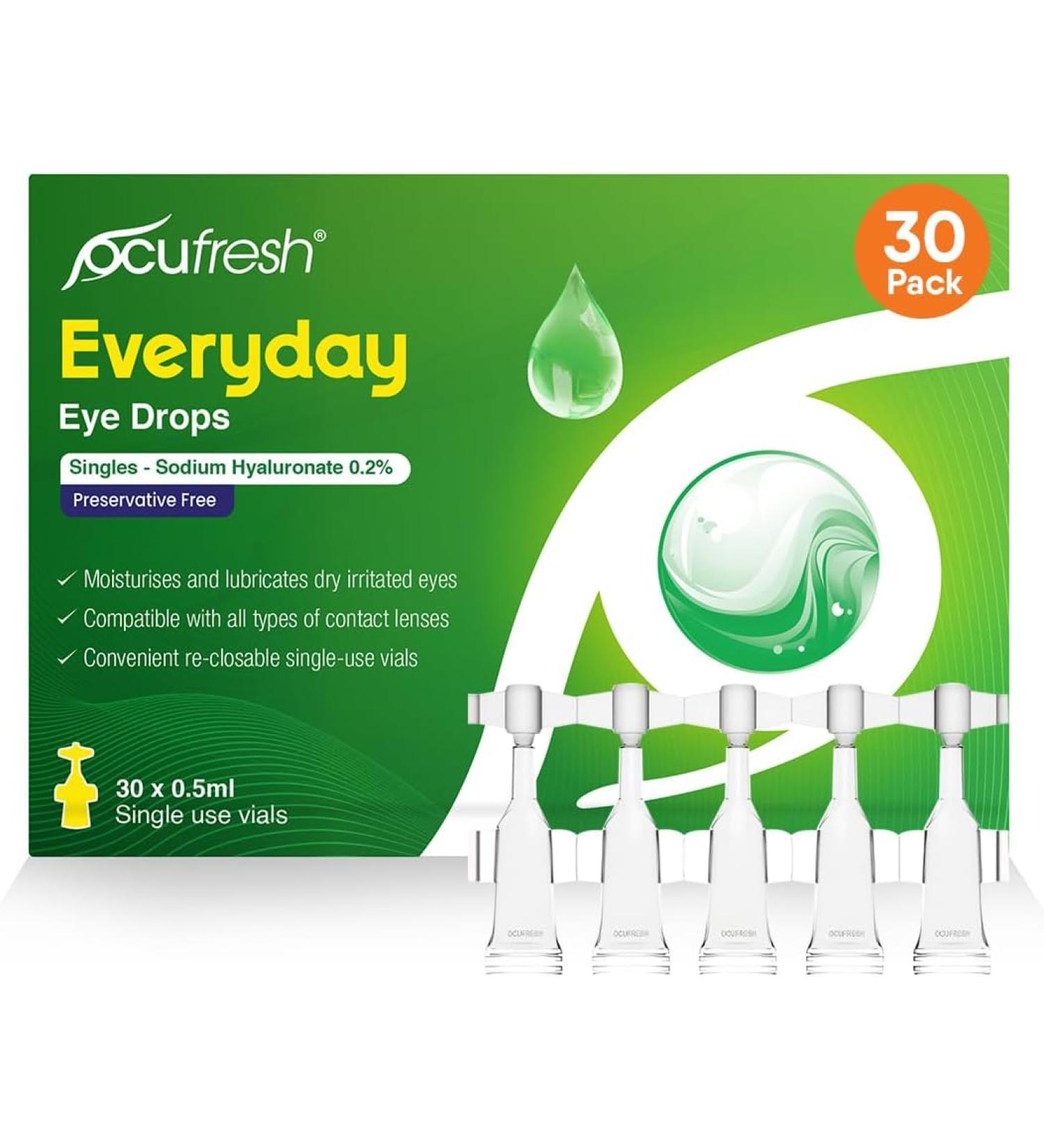 Ocufresh Everyday Single Dose Eye Drops Daily Care for Itchy Eyes Tired Dry 30 x 0.5ml vials Sodium Hyaluronate 0.2% Contact Lens Friendly - Buy Online on GoSupps.com