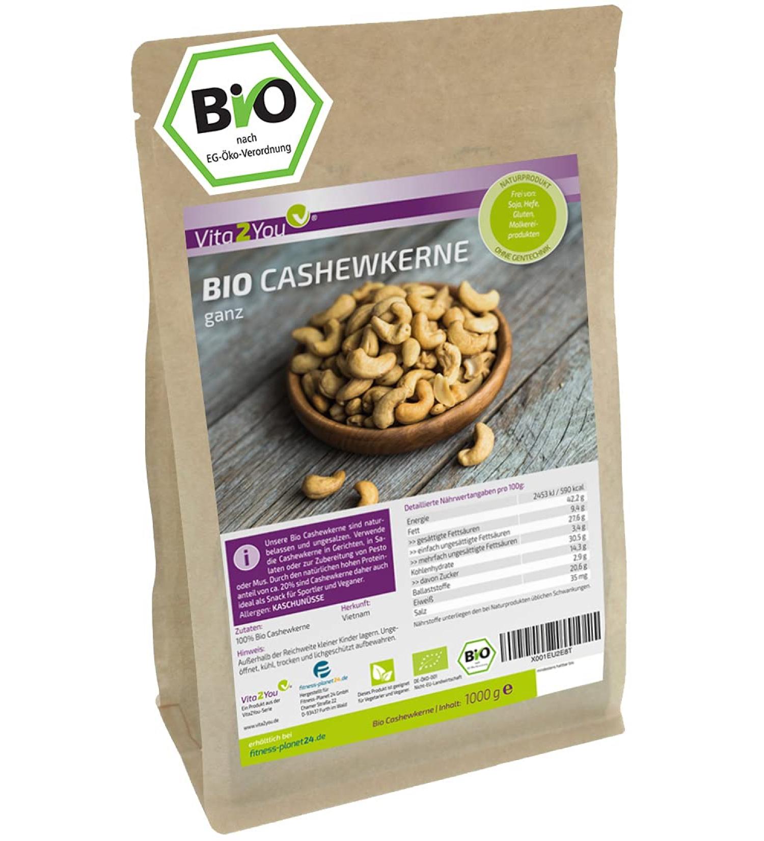 Vita2You Organic Cashew Nuts 1000g | Premium Whole Cashews Naturally Grown & International Shipping - Buy Online on GoSupps.com