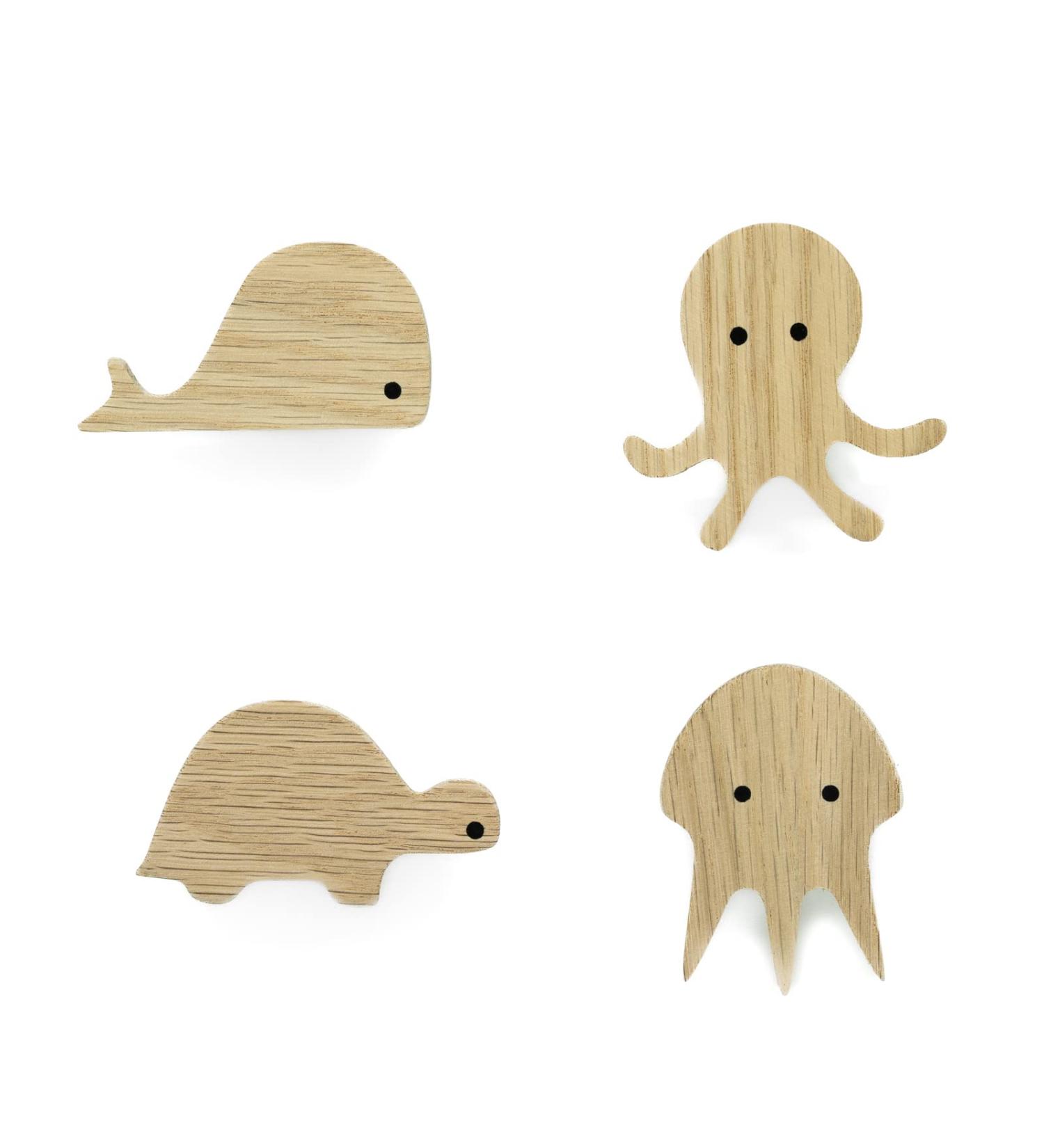 4 Animal Handle Knobs for Kids' Furniture - Octopus Whale Jellyfish Turtle | Untreated Oak Knobs for Drawers & Cupboards - Buy Online on GoSupps.com