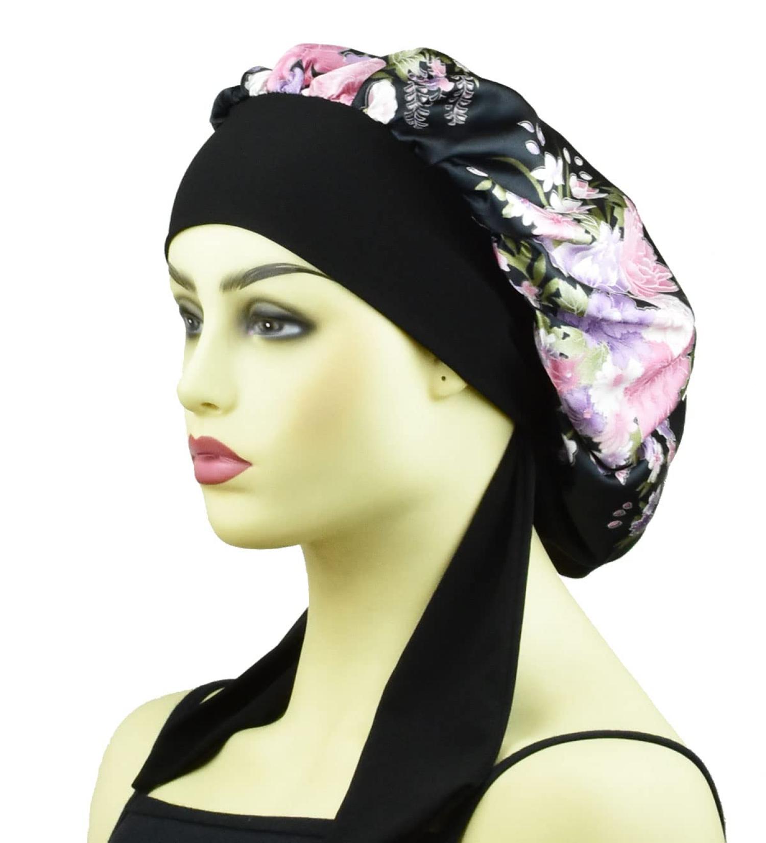Silk Satin Bonnet for Curly Hair | Floral Black Sleep Cap for Women | Large Night Cap with Tie Band - Buy Online on GoSupps.com