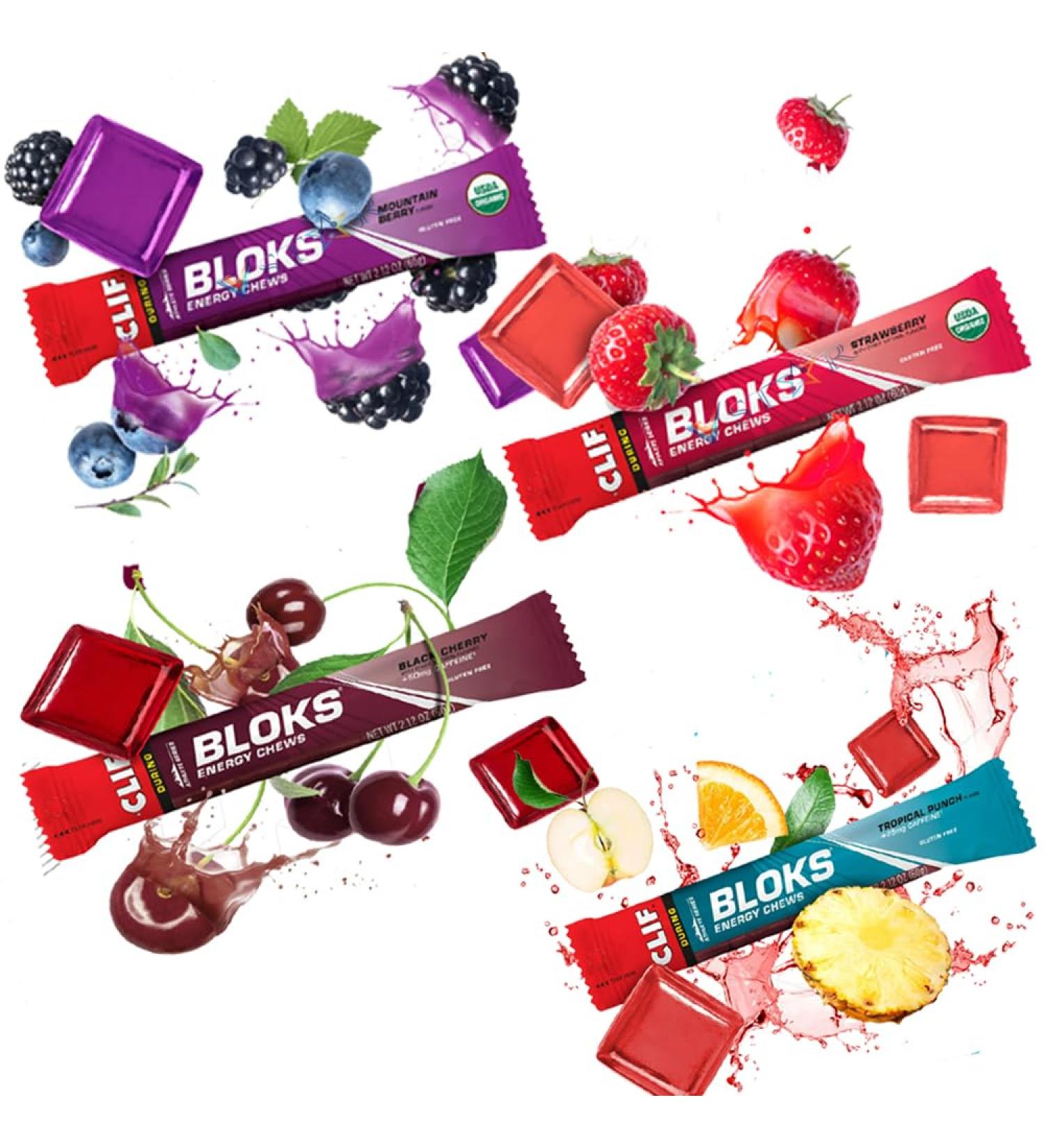 Bloks Energy Chews Strawberry Mountain Berry Tropical Punch & Black Cherry Flavour Caffeine Bar - Fast Fuel for Sports 60g | Pick your Favourite Favour & Number of Bars - Buy Online on GoSupps.com