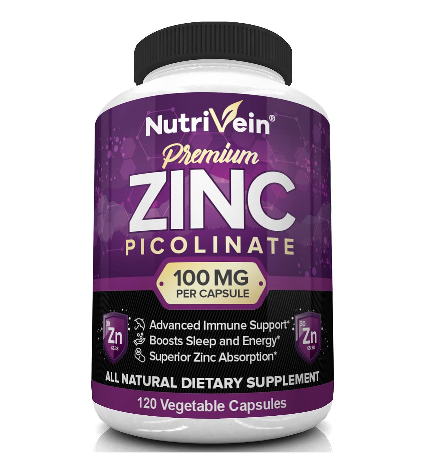 Nutrivein Premium Zinc Picolinate 100mg - Immunity Defense & Cellular Regeneration - 120 Capsules - Buy Online on GoSupps.com