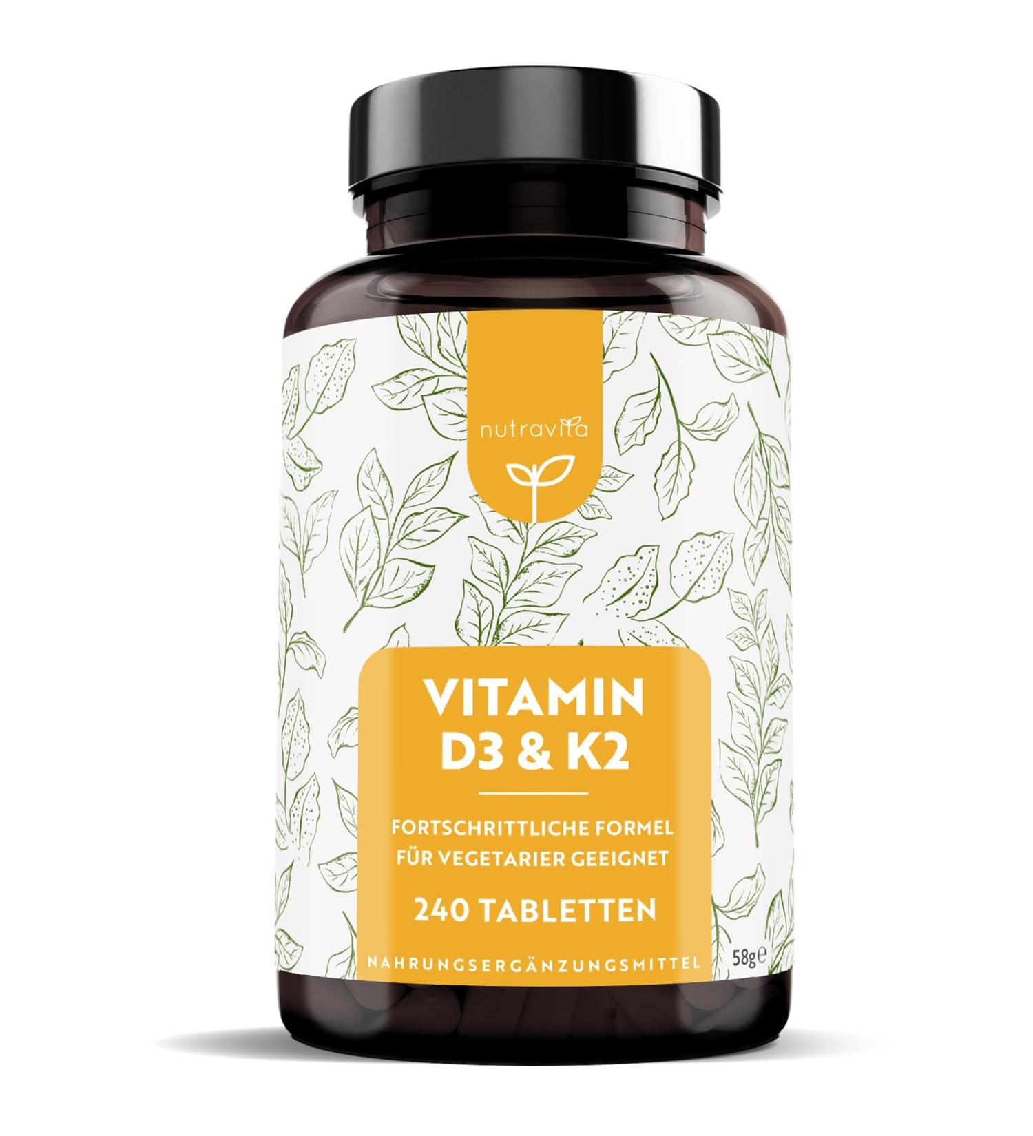 Premium Vitamin D3 & K2 Tablets - 240 High-Dose Vegetarian Tablets for Healthy Bones Muscles & Immune System - Nutravita Sonnenvitamine - Buy Online on GoSupps.com