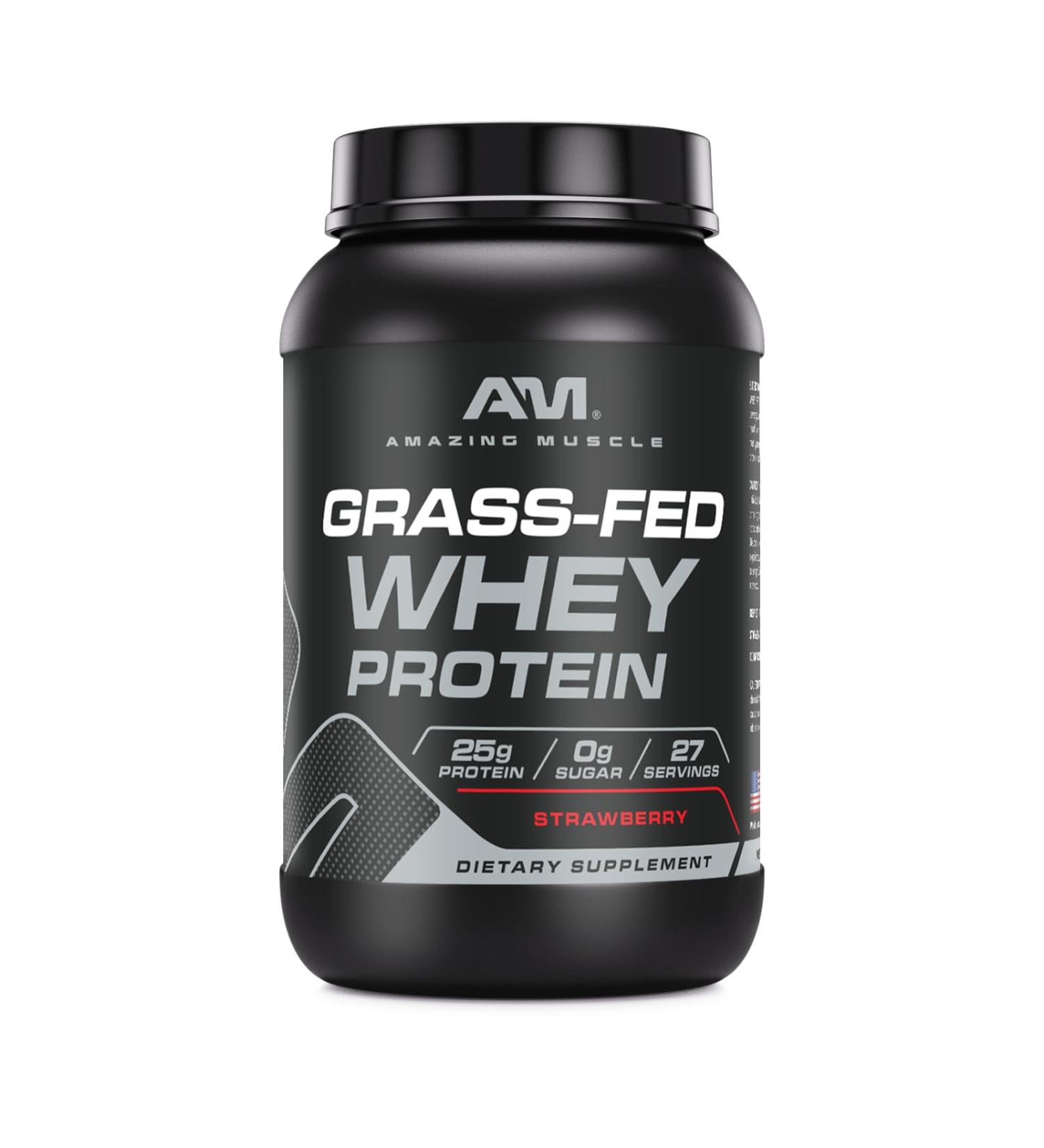 Amazing Muscle Grass-Fed Whey Protein Powder Supplement | 2 Lb (907 G) | Non-GMO | Glute-Free | Made in USA Strawberry