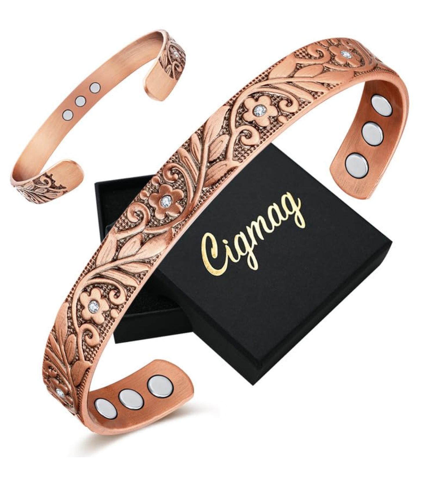 Cigmag 9X Lymphatic Drainage Copper Magnetic Bracelet - Ultra Strength, Adjustable Brazaletes Cuff Bangle - Copper Crystal Plum Pattern - Gift Box Included - Buy Online on GoSupps.com