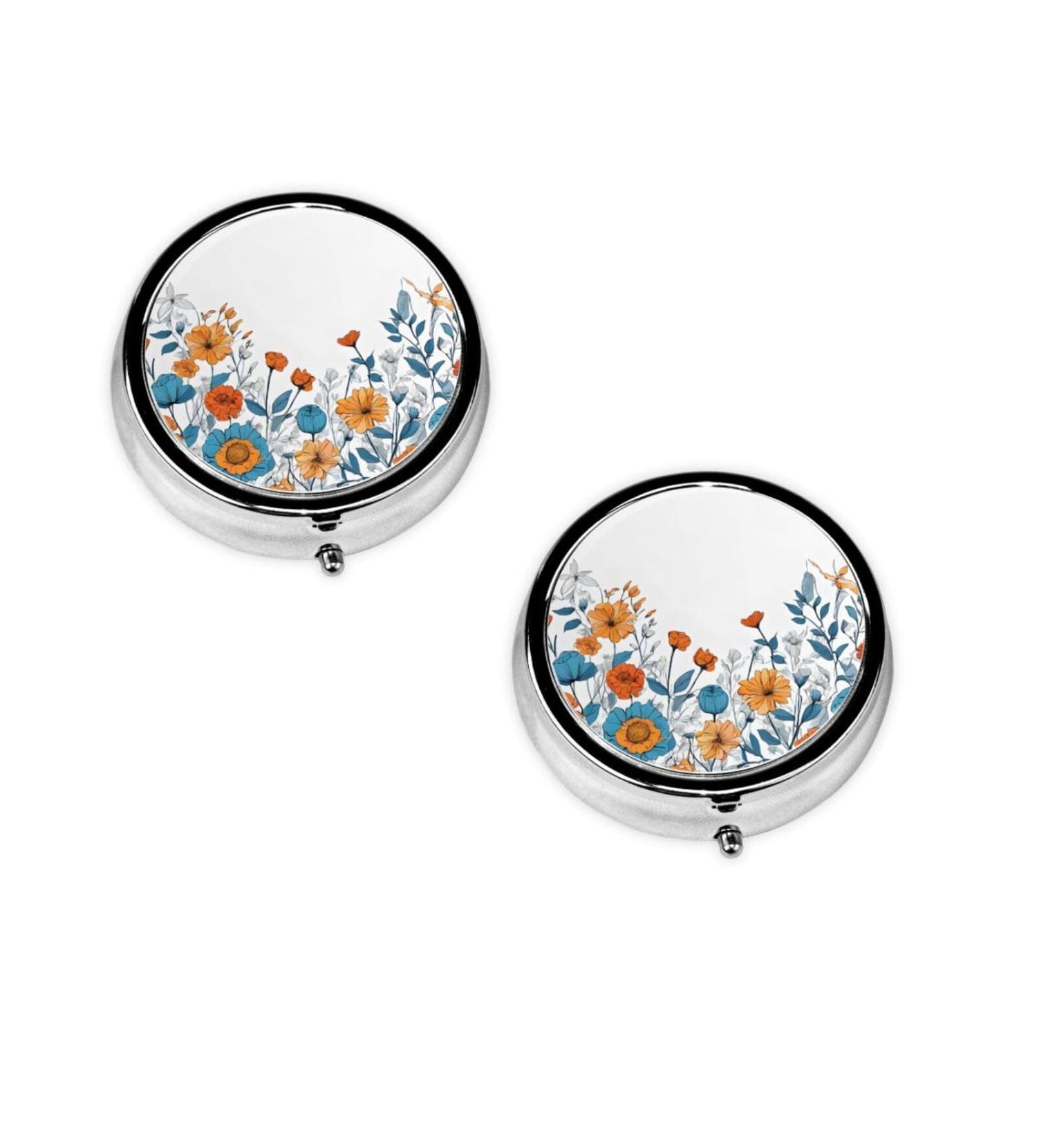 Turquoise Teal Floral Mini Round Pill Box - 3 Compartment Portable Pill Organizer for Travel Home & Office - Buy Online on GoSupps.com