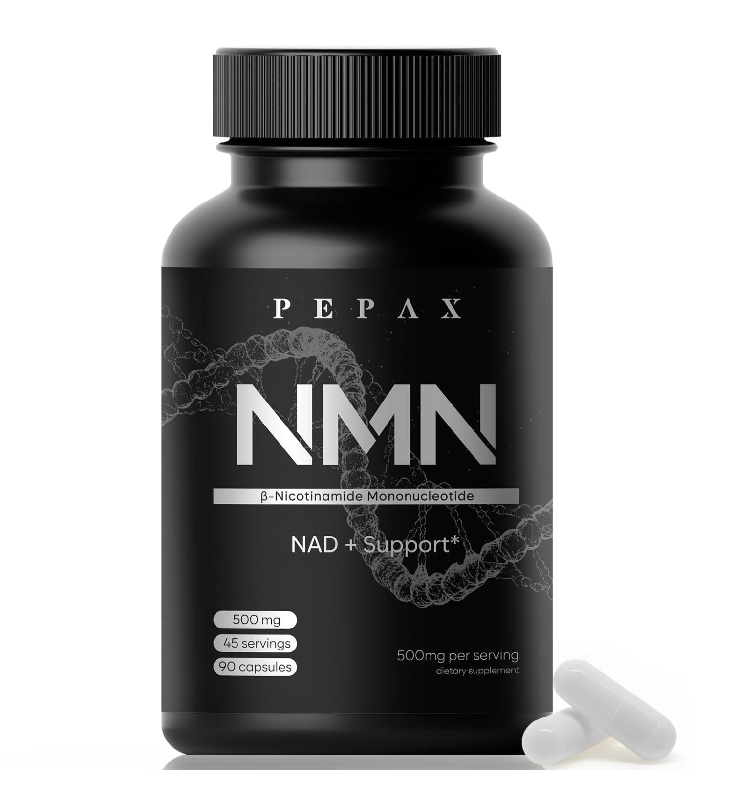 PEPAX NMN 500mg Supplement -High Purity Nicotinamide Mononucleotide for NAD+,90 Capsules (45-Day Supply)-Made in USA, cGMP Certified,Cellular Energy, Anti-Aging, DNA Repair & Brain Support - Buy Online on GoSupps.com