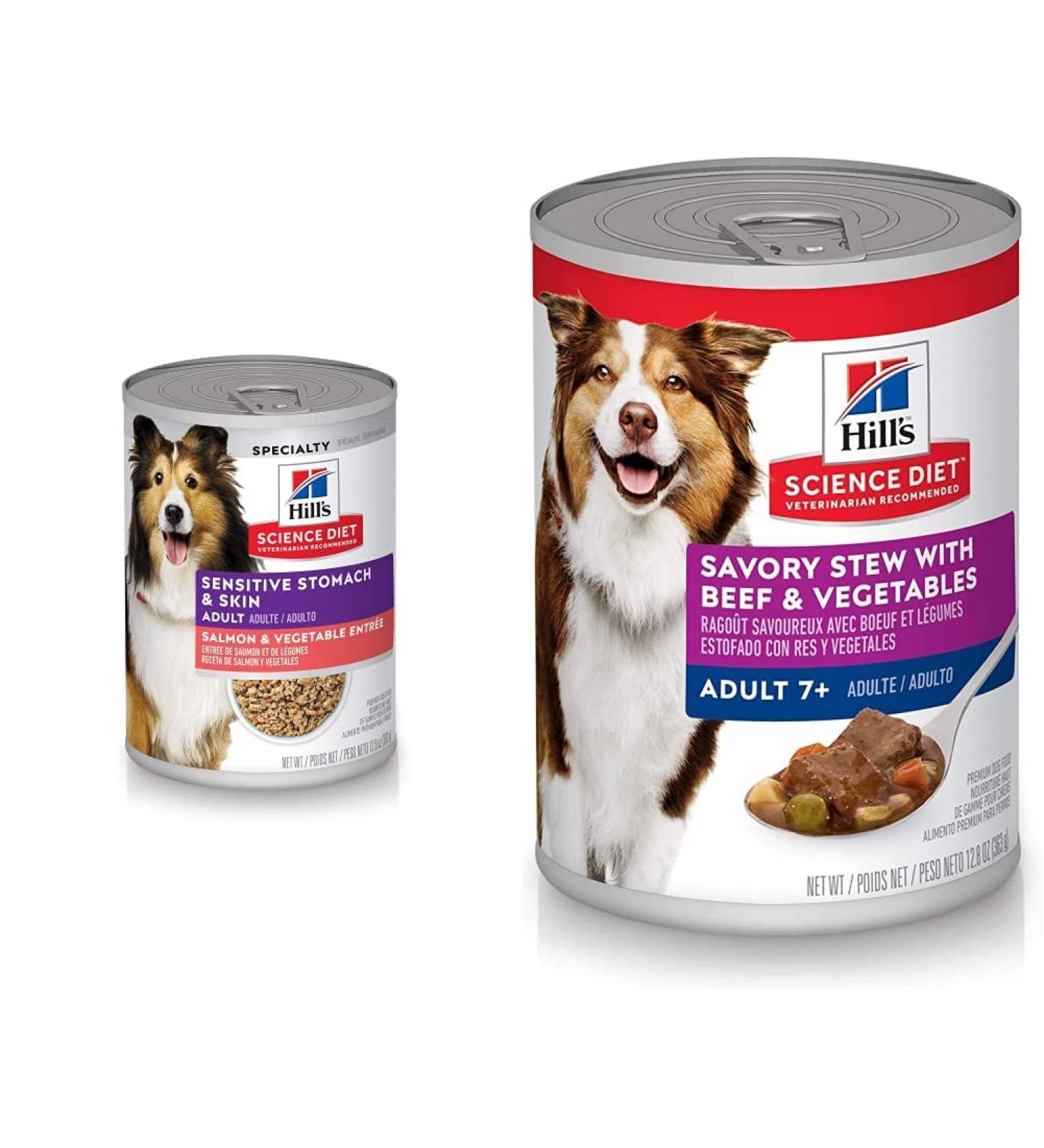 Hill's Science Diet Adult Sensitive Stomach & Skin Canned Dog Food 12.8 oz 12 Pack wet dog food & Senior 7+ Canned Dog Food Savory Stew - Buy Online on GoSupps.com
