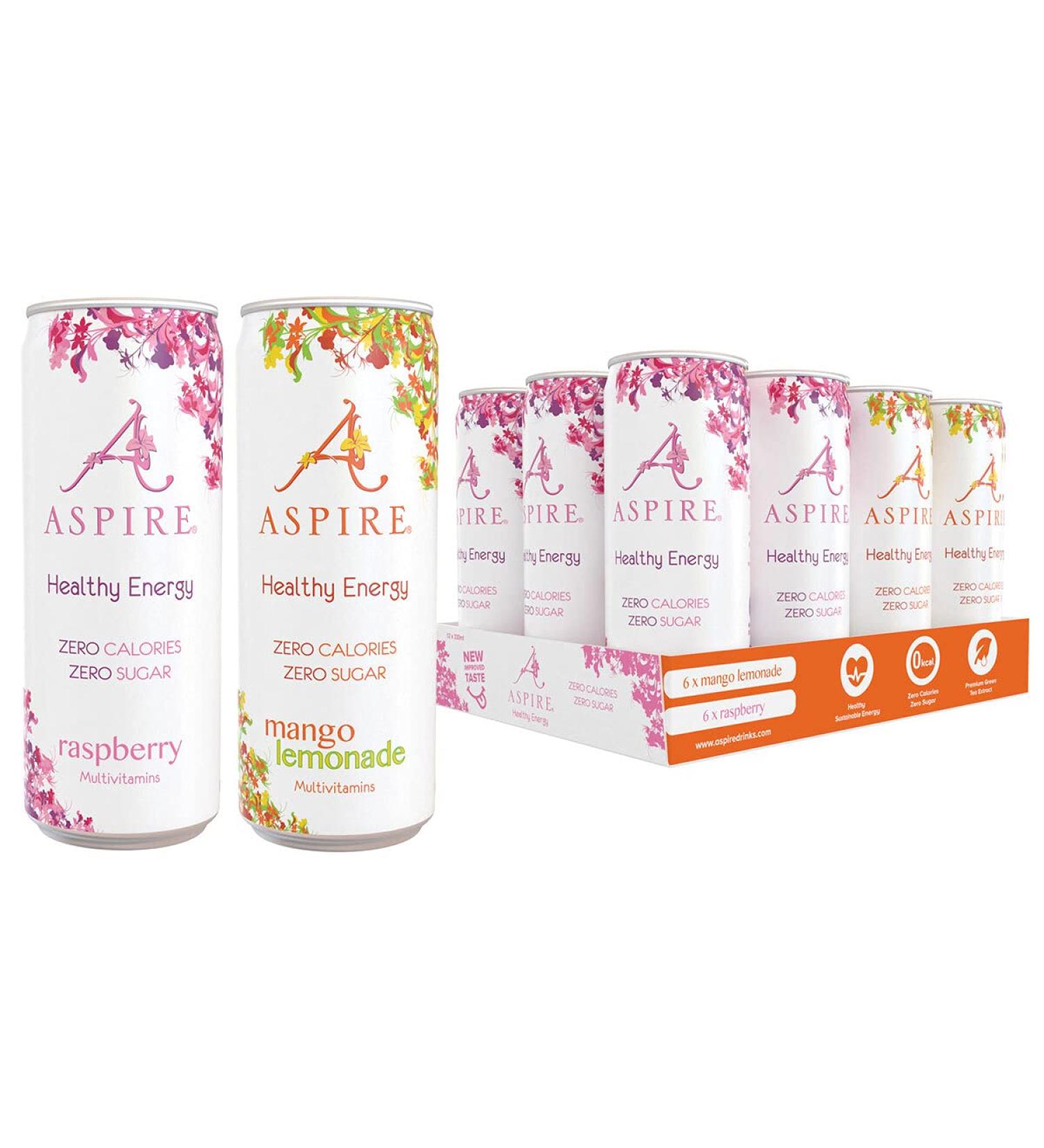 ASPIRE Healthy Energy Drink Mango Lemonade and Raspberry Flavour Variety Pack 12 x 330ml - Buy Online on GoSupps.com