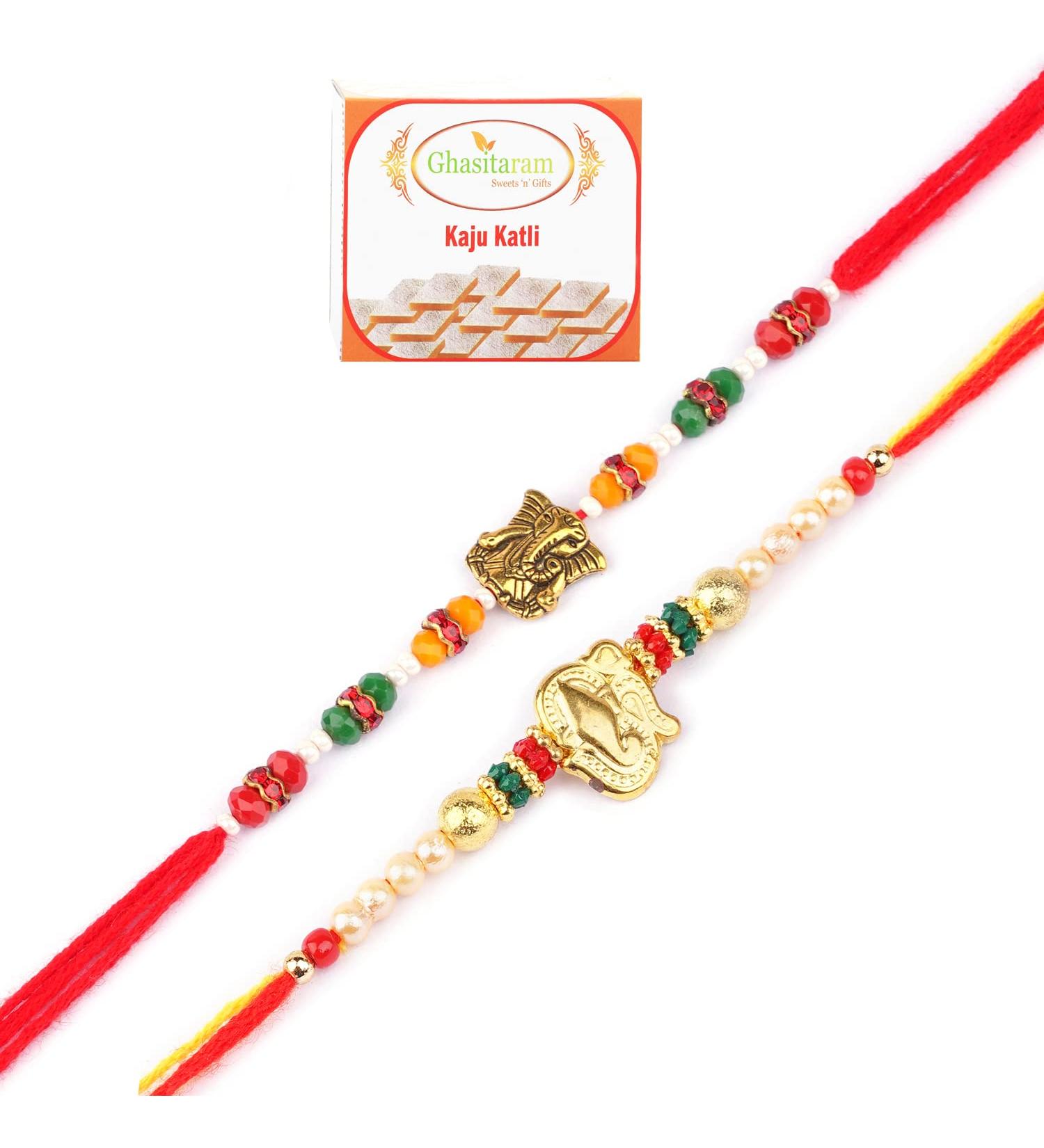 Ghasitaram Gifts Rakhi for Brother Rakhis Online - Set of 2-6971 and R-2110 Rakhi Threads with 200 GMS of Kaju katli - Buy Online on GoSupps.com