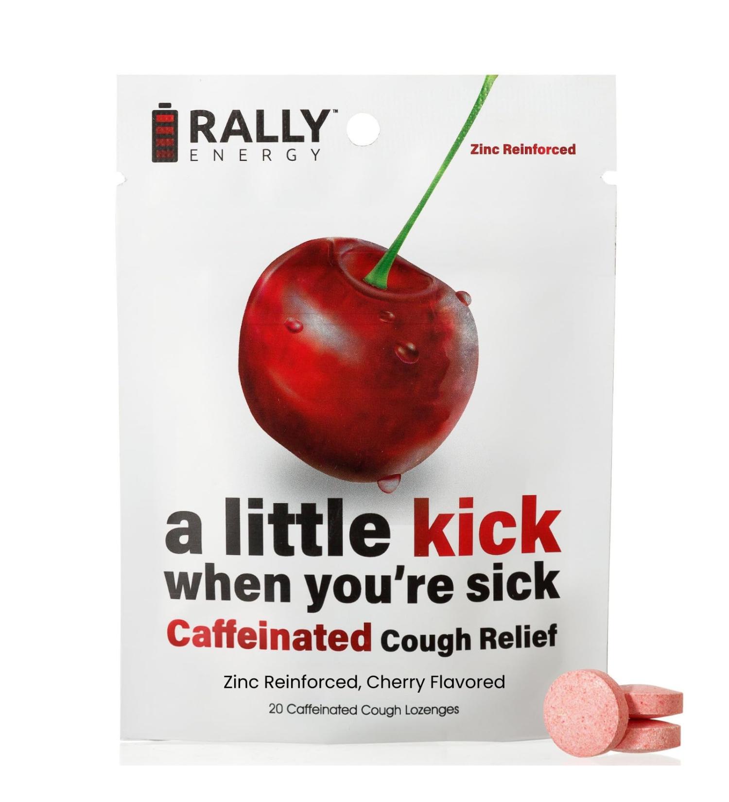 Cherry Flavor Cough Drops by Rally Energy Cough Relief with Caffeinated Zinc Reinforced Lozenges Boost Your Energy Focus and Productivity - Zero Calorie Throat Lozenges (20 Units)