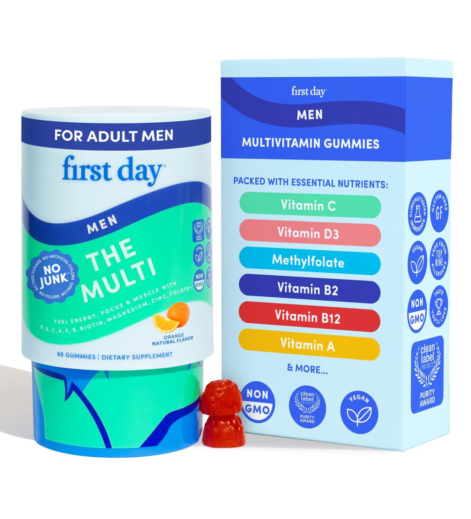FIRST DAY Multivitamin for Men + Organic Fruit & Veggie Blend, Mens Multivitamins Gummies with 13 Key Nutrients for Energy, Focus, Immunity - Vitamins A, B1, B2, B6, B9, B12, C, D3, K - 30 Day Supply - Buy Online on GoSupps.com