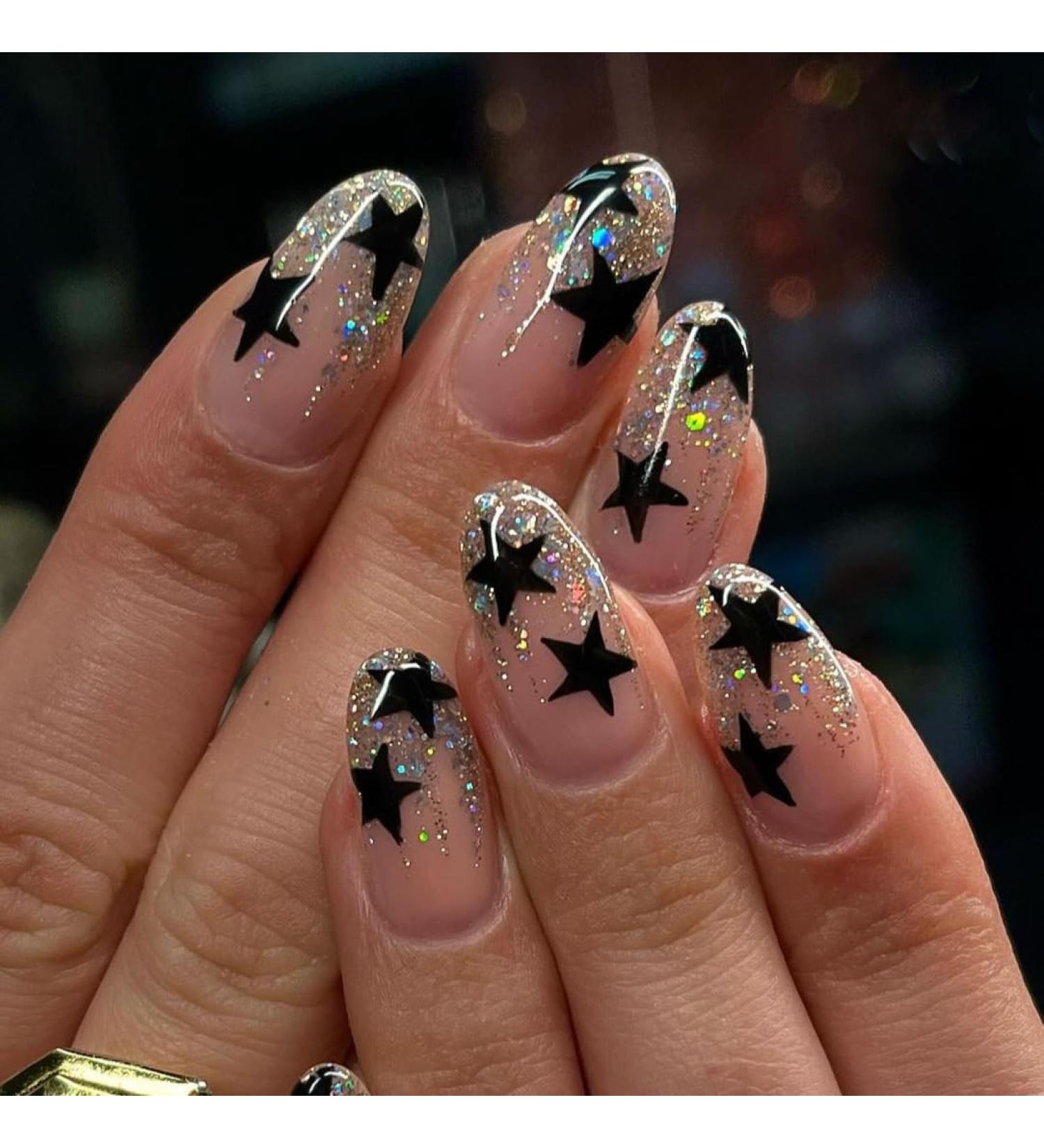 French Tip Press on Nails - Mid Press On Nails with Nail Tips Sparkling Colorful Black star almond shaped Design Glossy pink press on nails Acrylic False Nails Cute Artificial Nails - Buy Online on GoSupps.com