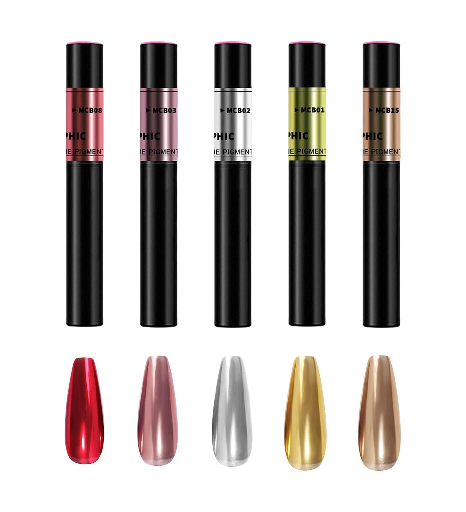 5PCS Air Cushion Holographic Nails Powder Pen Set - Mirror Effect Manicure Magic Pen - Laser Gold & Silver Sponge Nail Pen - 5 Colors - Buy Online on GoSupps.com