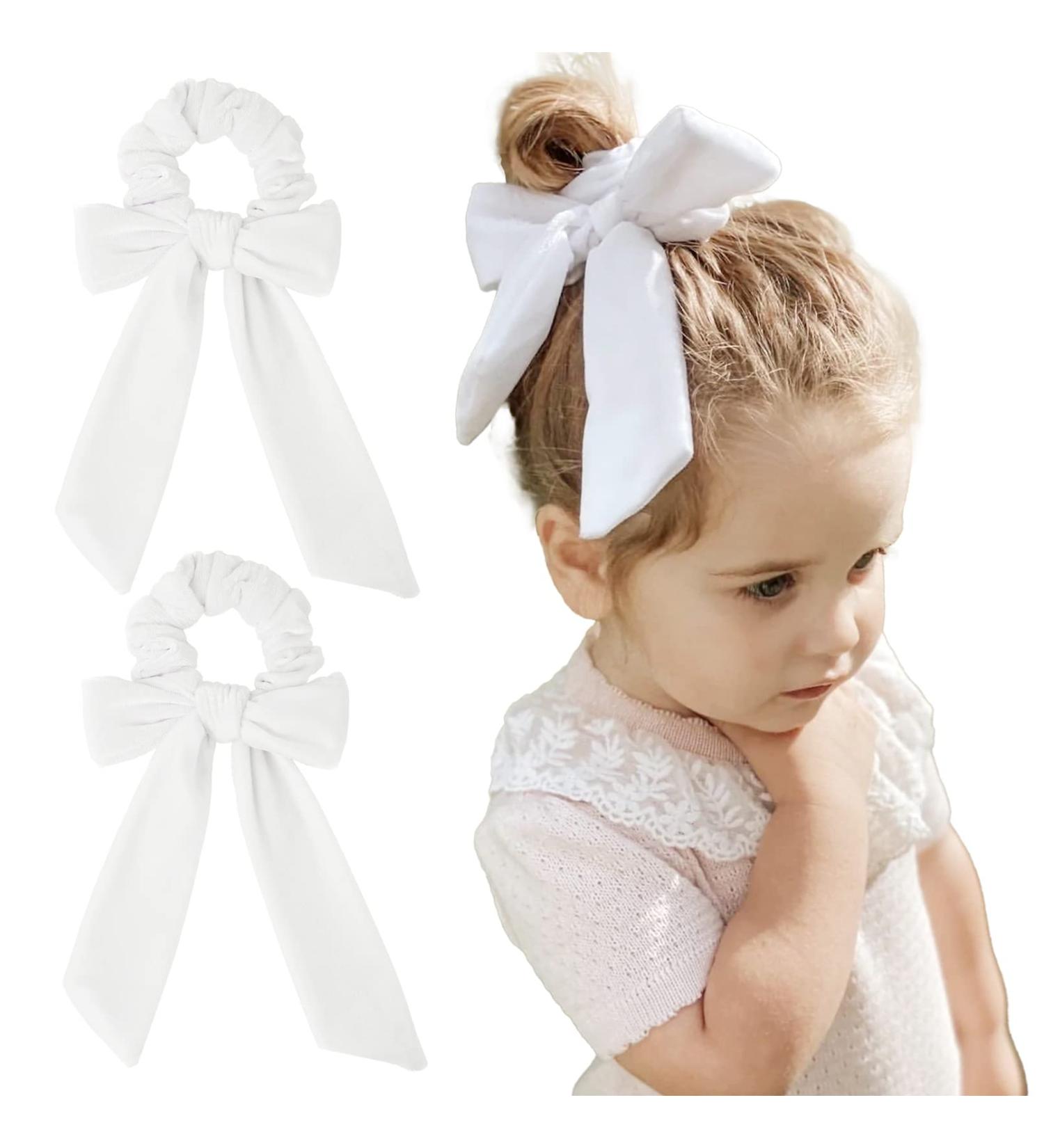 White Velvet Bow Hair Scrunchies Set - 2PCS Hair Ribbon Tie Elastics for Women and Girls - Buy Online on GoSupps.com