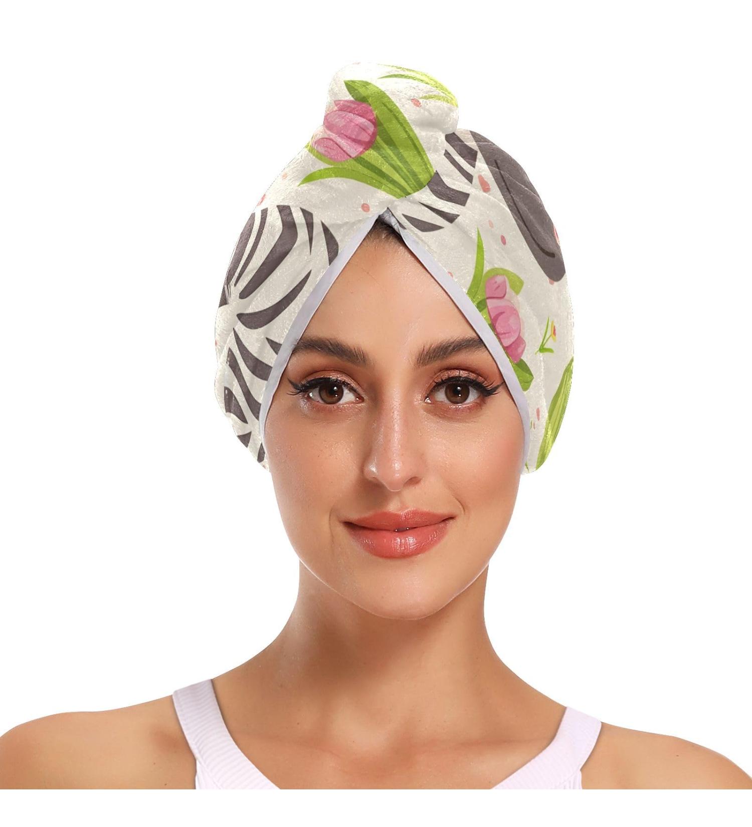 Cute Pinto Pink Tulips Hair Towel 2 Pack | Super Absorbent Quick Dry Hair Turbans for Women & Girls - Buy Online on GoSupps.com