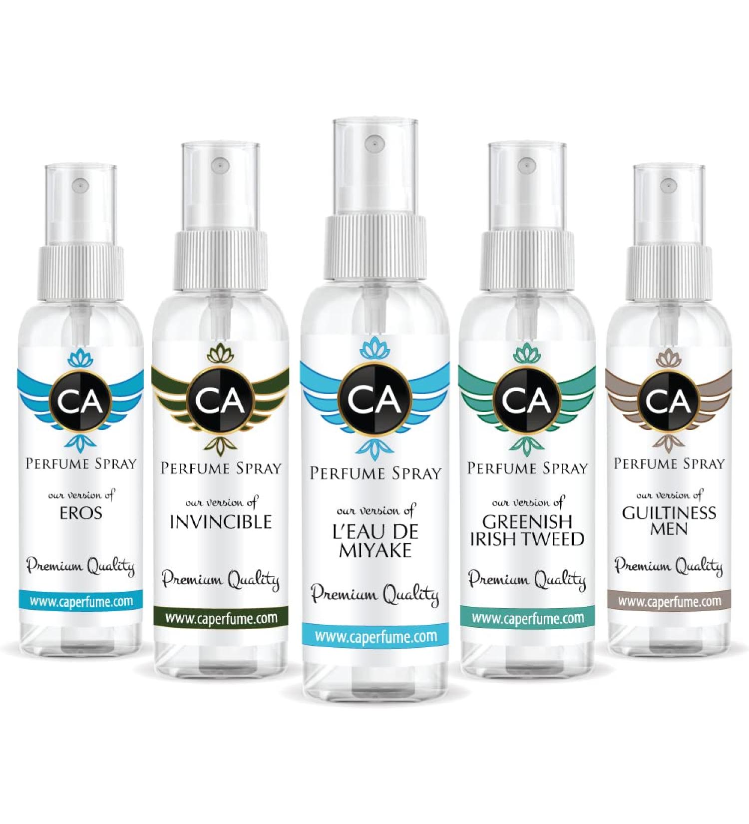 CA Perfume Best Summer Perfume Men Set Impression of (Invincible + Leau Bleu Dissey + Guiltiness + Greenish Irish Tweed + Eros) Fragrance Sample Travel Size Parfum Sprayer (2 Fl Oz/60 ml) x 5 - Buy Online on GoSupps.com