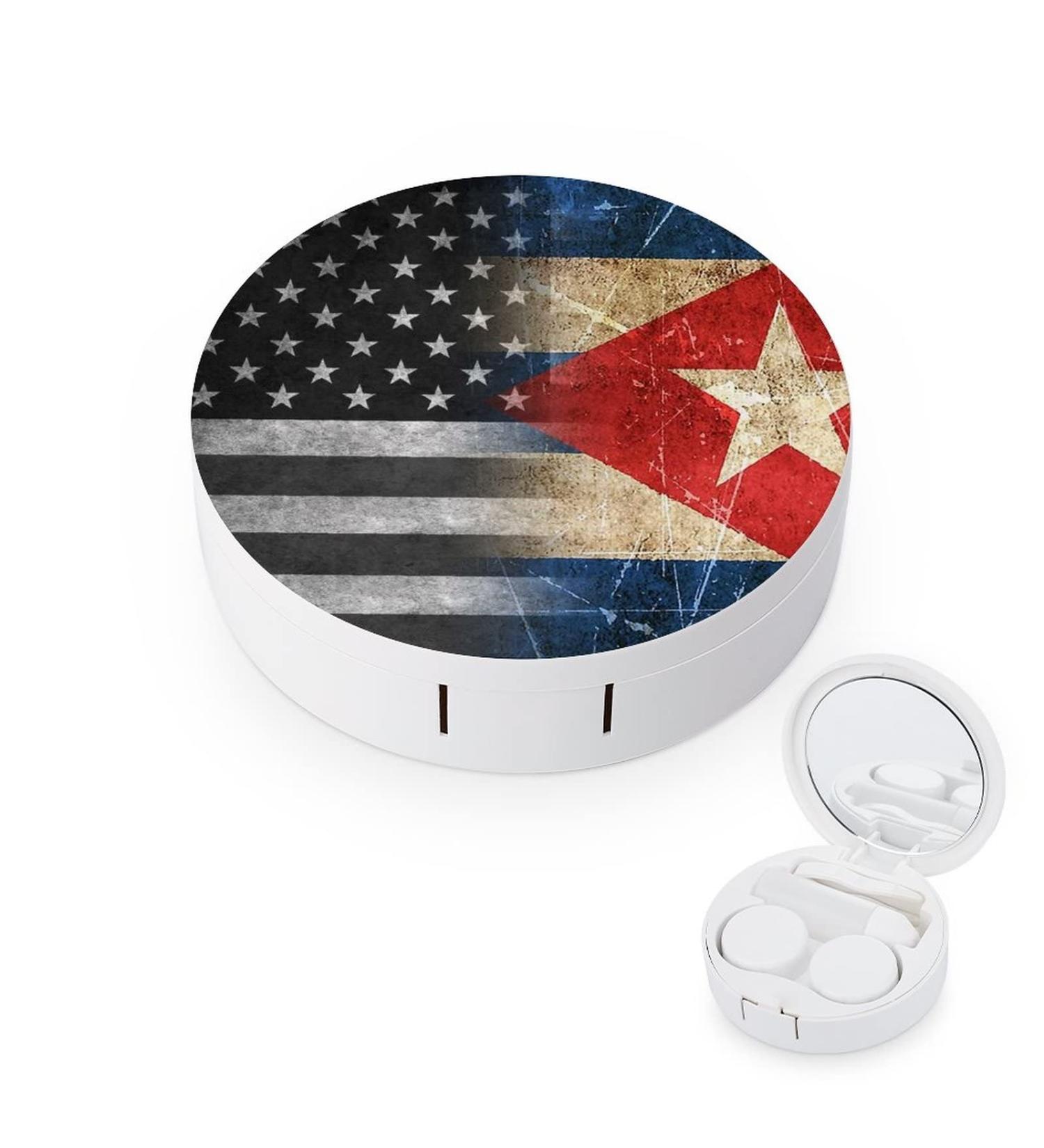 Vintage Black Ameriacn Cuban Flag Round Case For Contact Lens Kit Storage Box with Mirror Printed - Buy Online on GoSupps.com