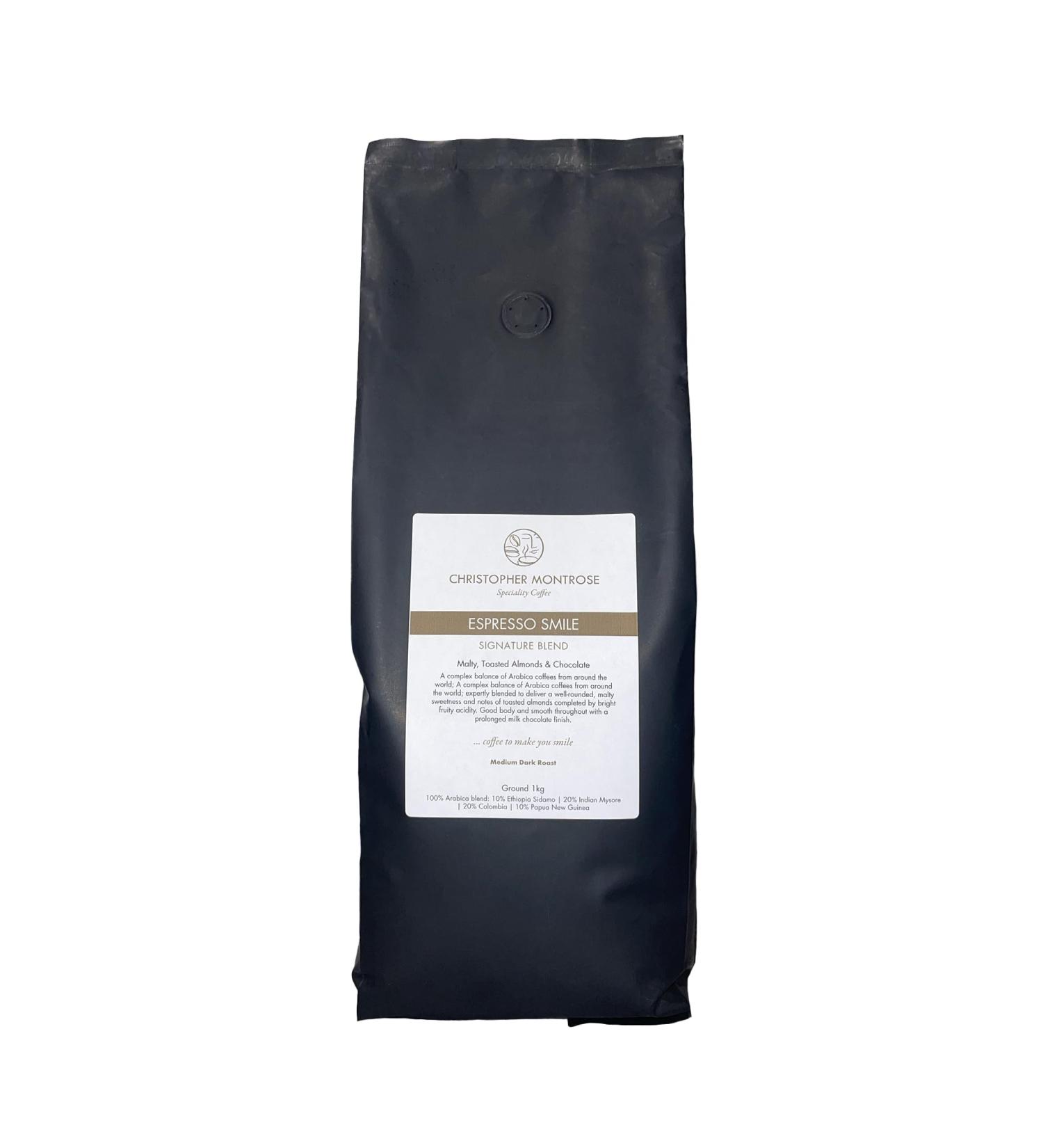 Christopher Montrose Coffee | Espresso Smile | Signature Blend Ground Coffee | Dark Roast | 1 KG Pack (1 KG) Chocolate 1.00 g (Pack of 1) - Buy Online on GoSupps.com