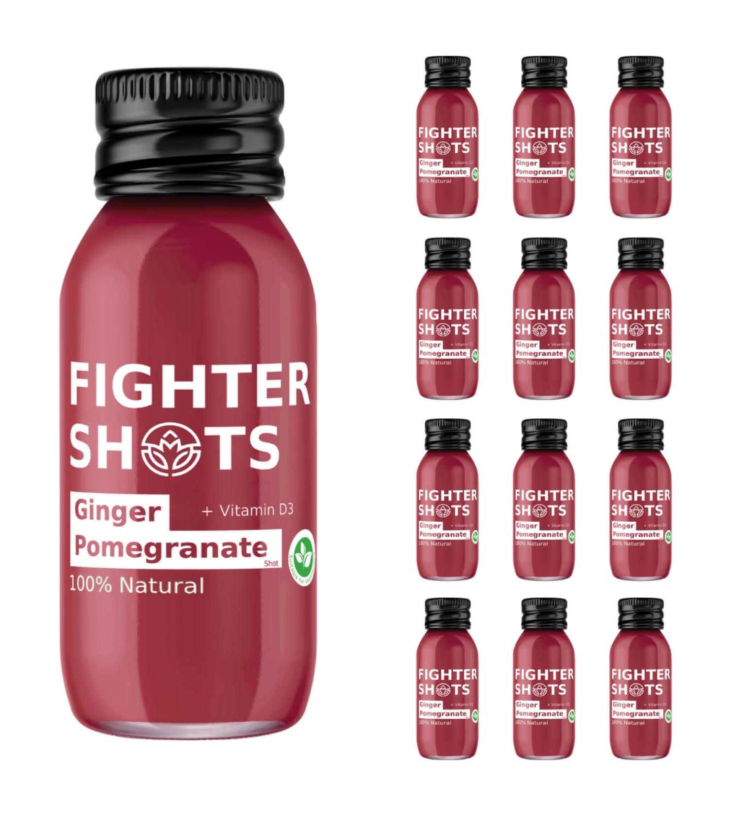 Fighter Shots Ginger + Pomegranate Shot (12x60ml) | 200% of Recommended Intake of Vitamin D3 | Packed With Vits | Natural Pomegranate Drink to Increase Sports Performance | Perfect Morning Pick Me Up Ginger Pomegranate - Buy Online on GoSupps.com