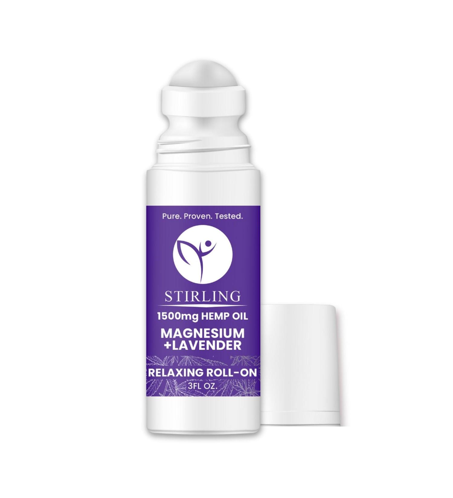 STIRLING Lavender Roll On Lotion - 1500mg Pure Hemp & Dead Sea Magnesium for Relaxation - Organic Paraben-Free USA Made - Buy Online on GoSupps.com
