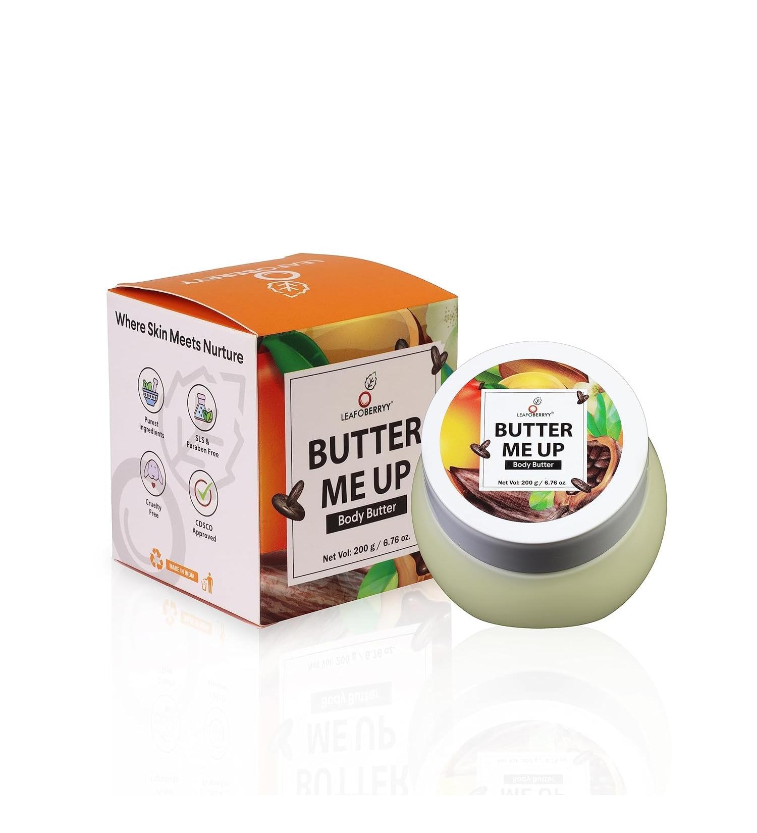 Leafoberryy Deep Nourishing Body Butter with Cocoa Shea and Mango Butter | Intense Hydration | Non-Sticky Formula | Softens & Smooths Dry Skin | Silky Glowing Skin | 200 ML - Buy Online on GoSupps.com