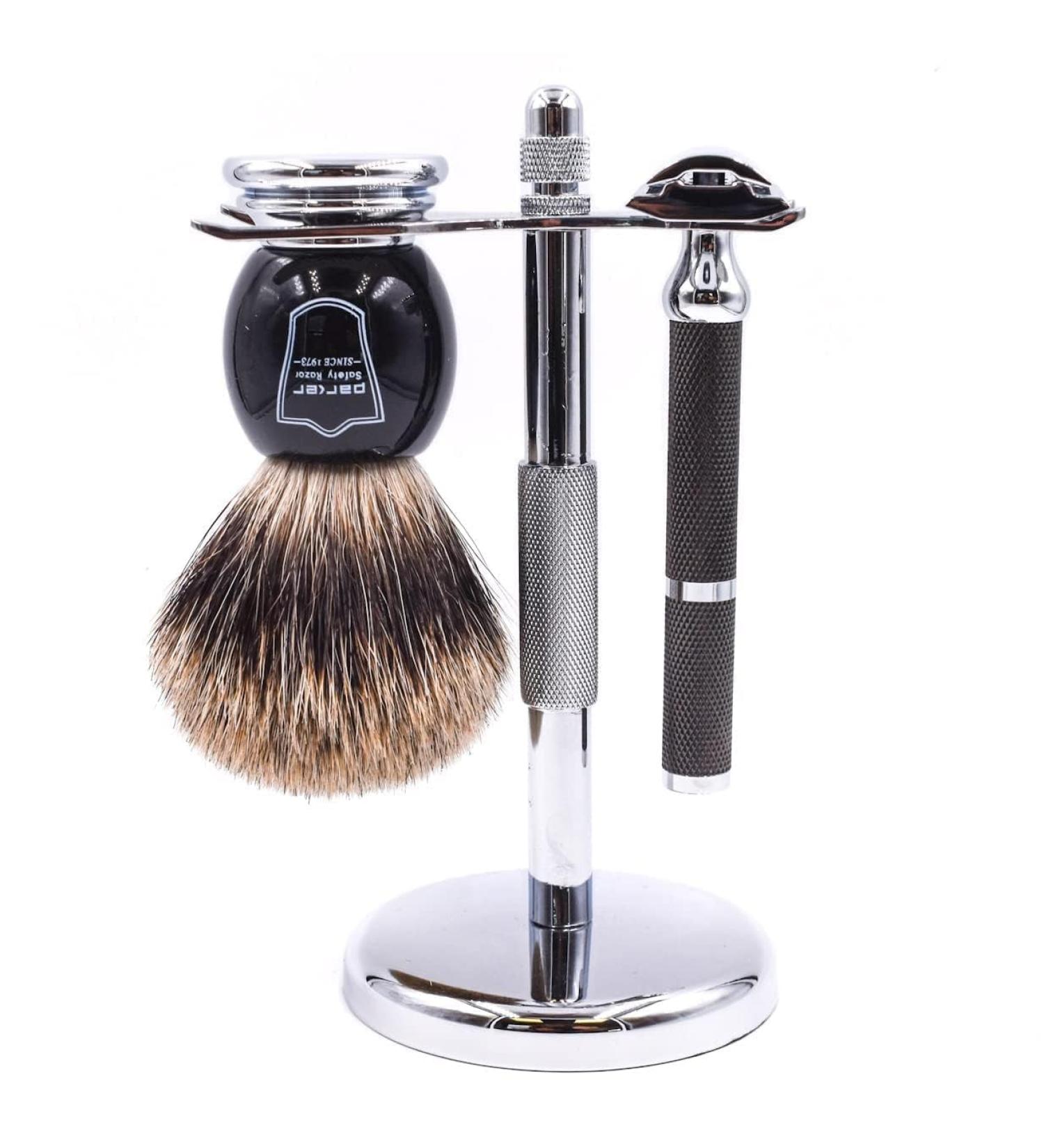 Parker 71R Safety Razor Shaving Set | Deluxe Pure Badger Brush Chrome Stand & 5 Premium Blades - International Shipping - Buy Online on GoSupps.com