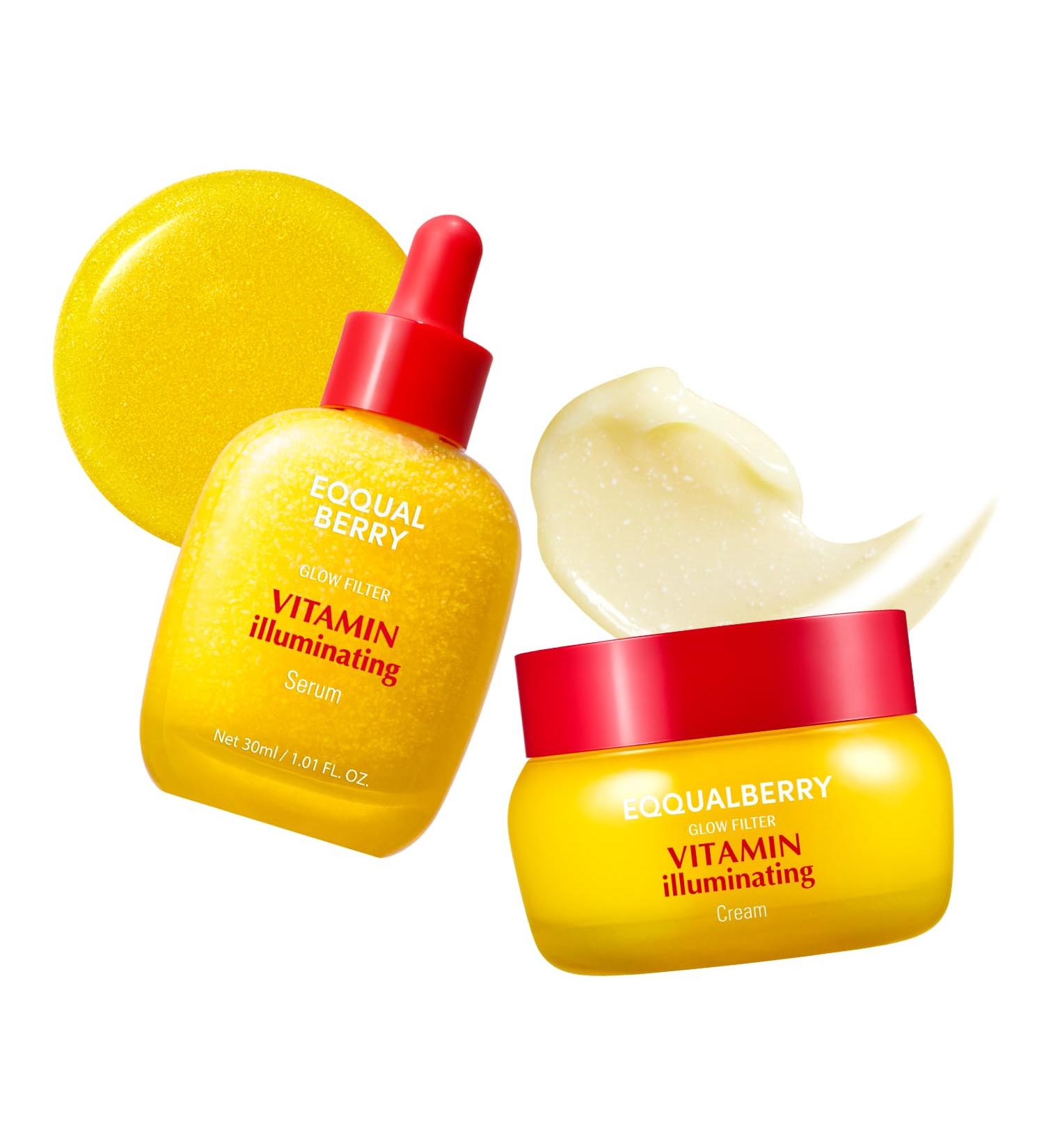 EQQUALBERRY Vitamin Illuminating Serum & Cream Set - Vitamin C & Niacinamide | Targets Dark Spots | Strengthens Skin Barrier with Ceramides | Glowy Lightweight Hydration